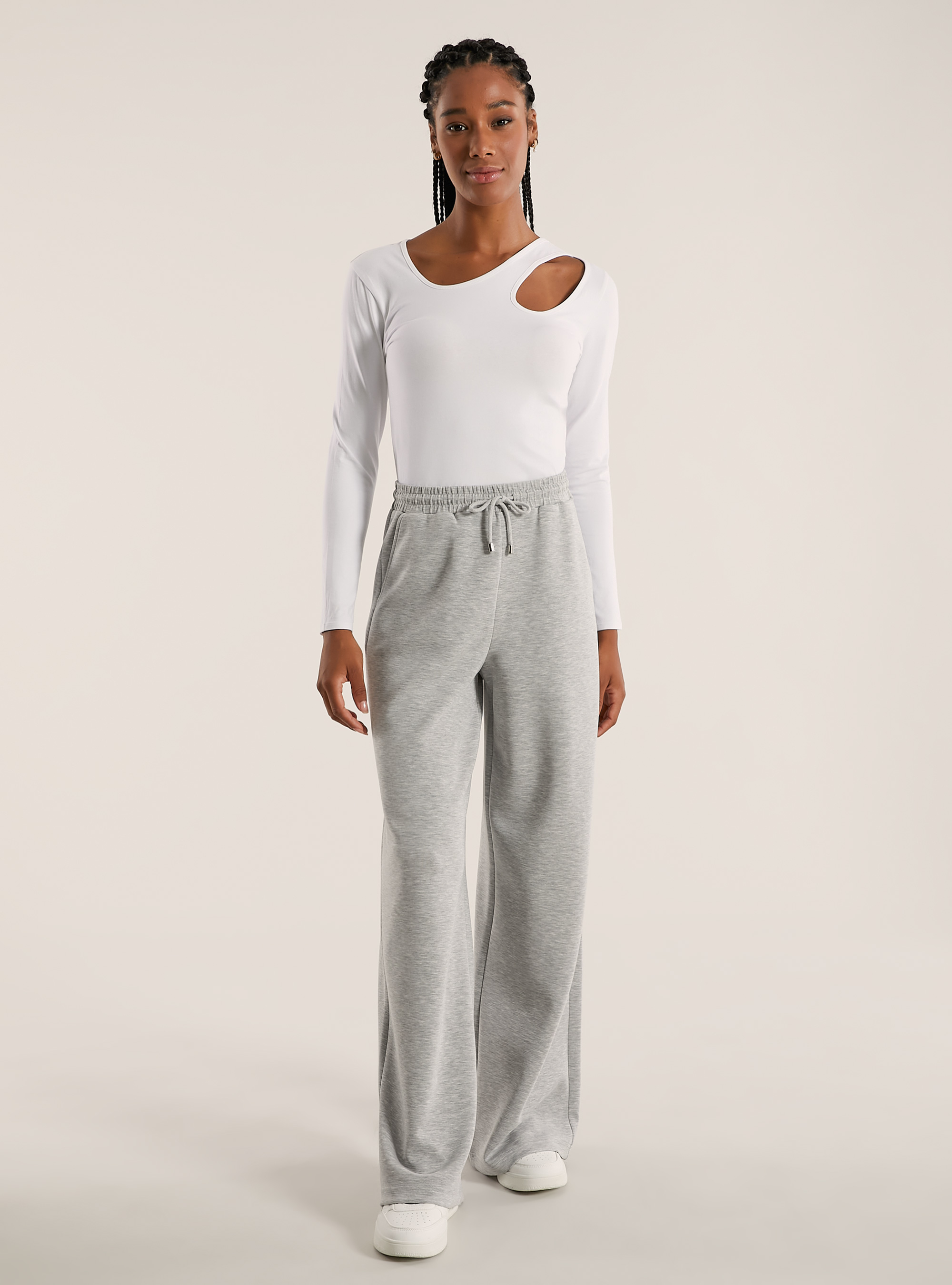 Wide leg trousers in soft scuba, MGY3 GREY MEL LIGHT