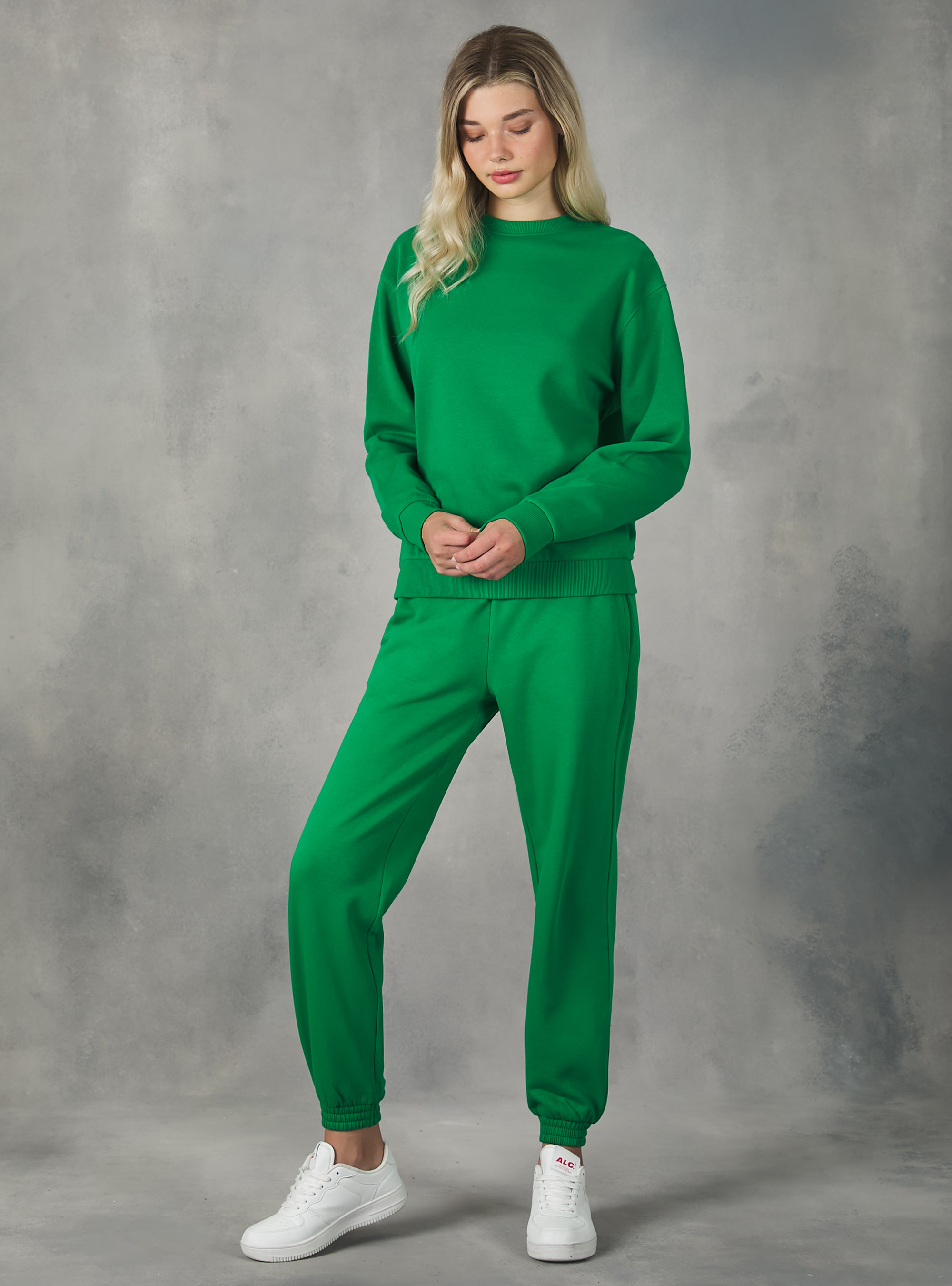 Plain-coloured cotton crew-neck sweatshirt, GN2 GREEN MEDIUM
