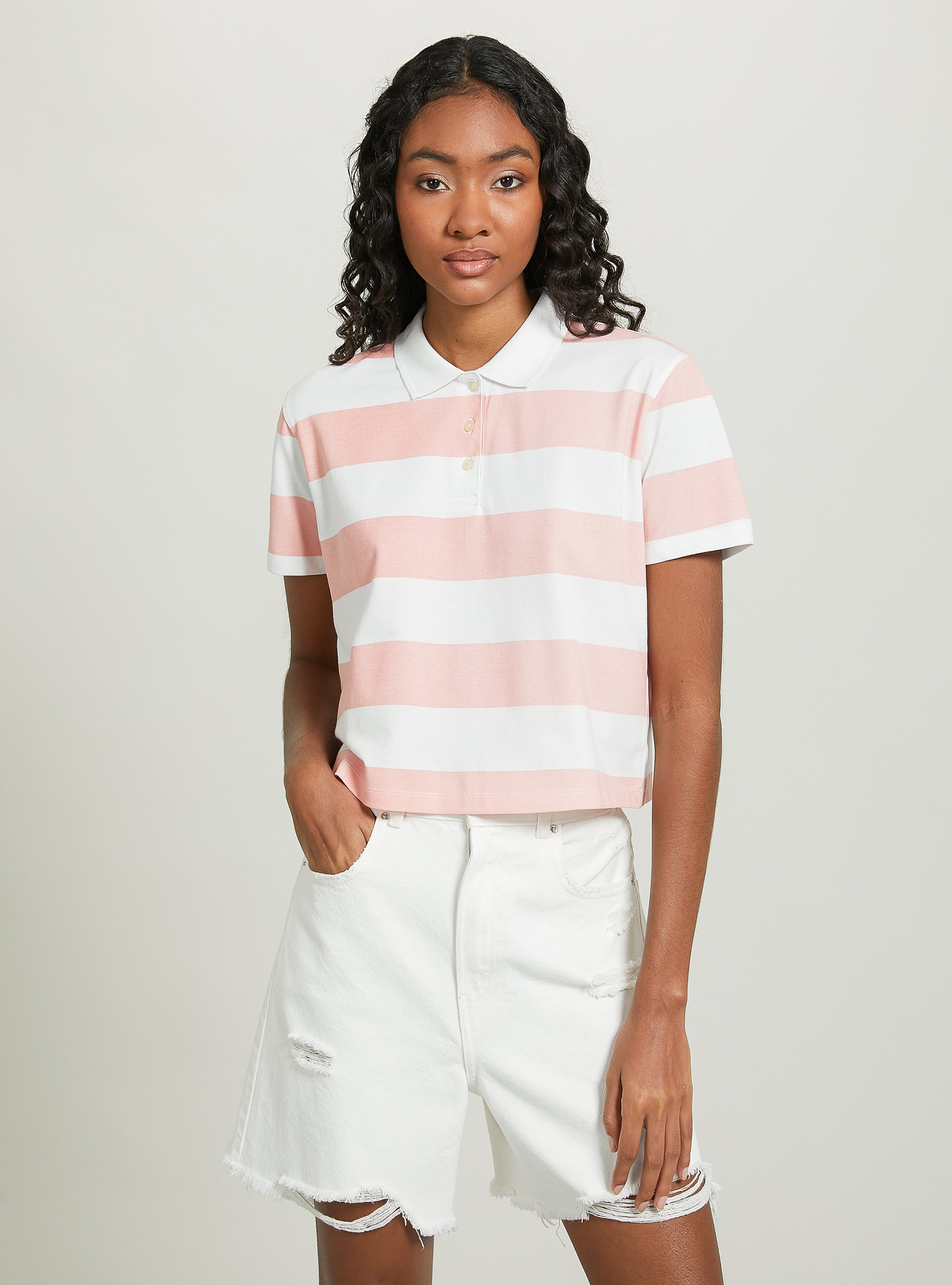 Polo crop fit con rayas, C4400 PINK
