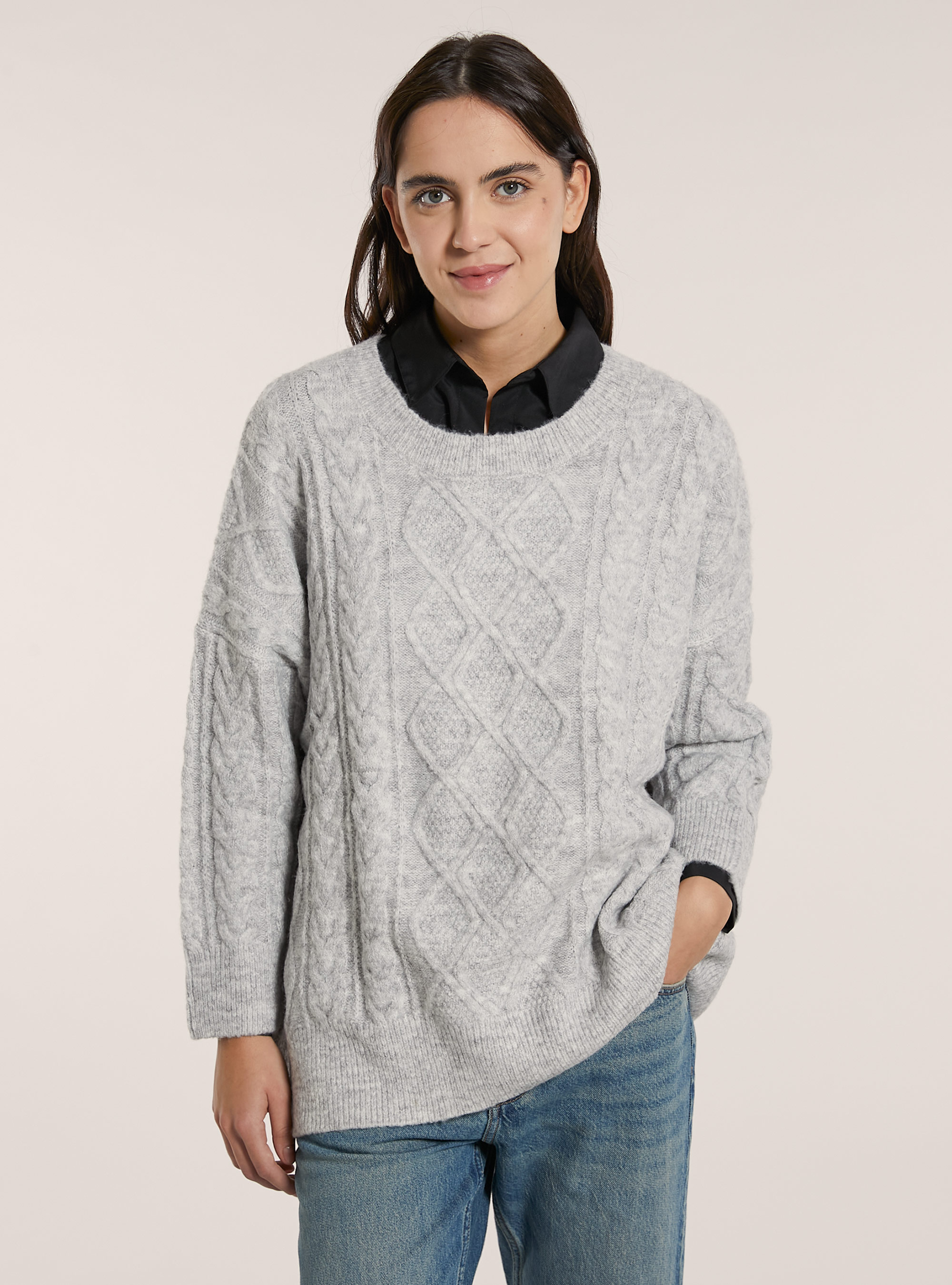 Pullover over a trecce, MGY3 GREY MEL LIGHT