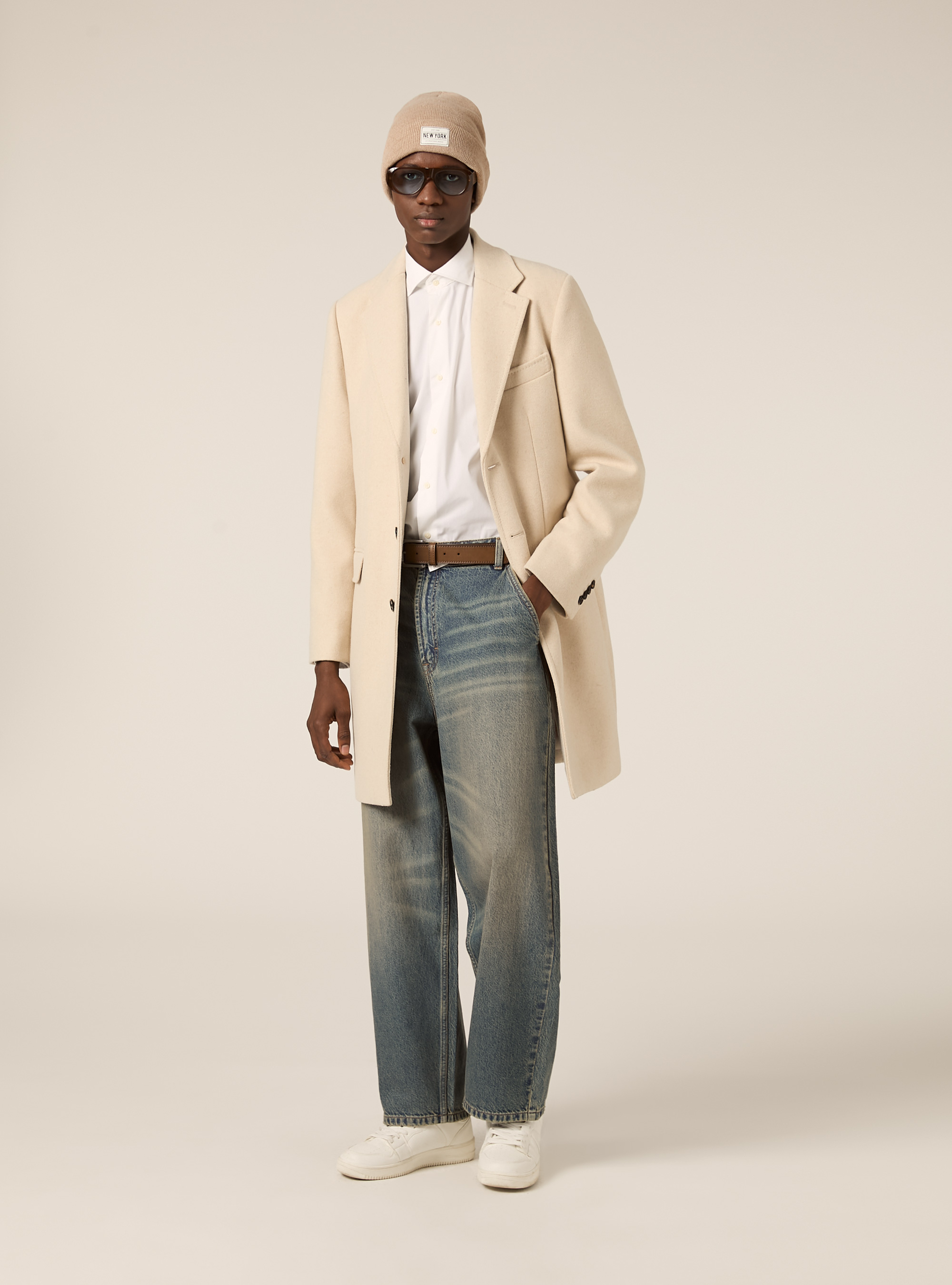 Single-breasted wool blend coat, MBG1 BEIGE MEL DARK