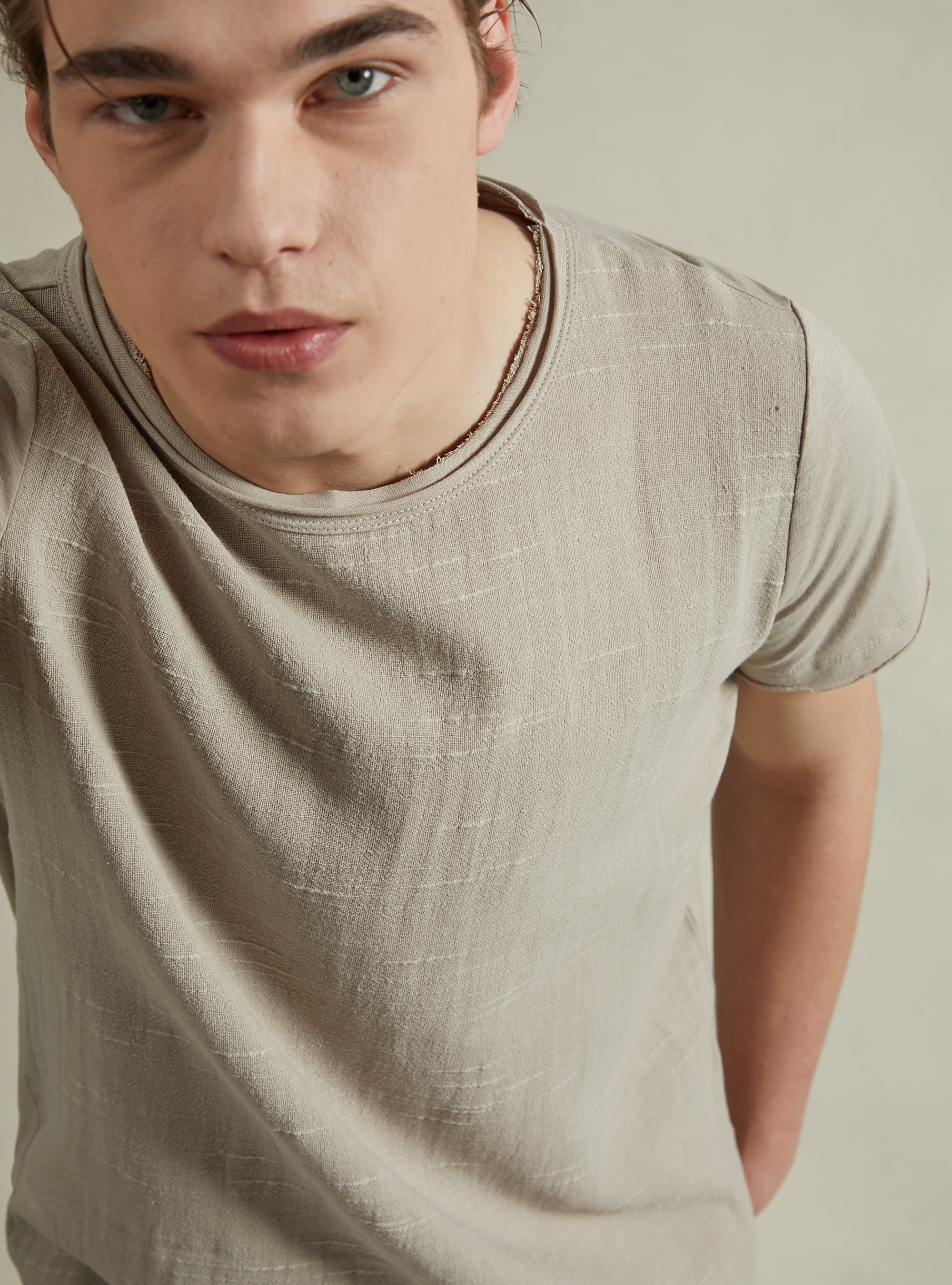 Linen-blend T-shirt in slub fabric, BG2 BEIGE MEDIUM