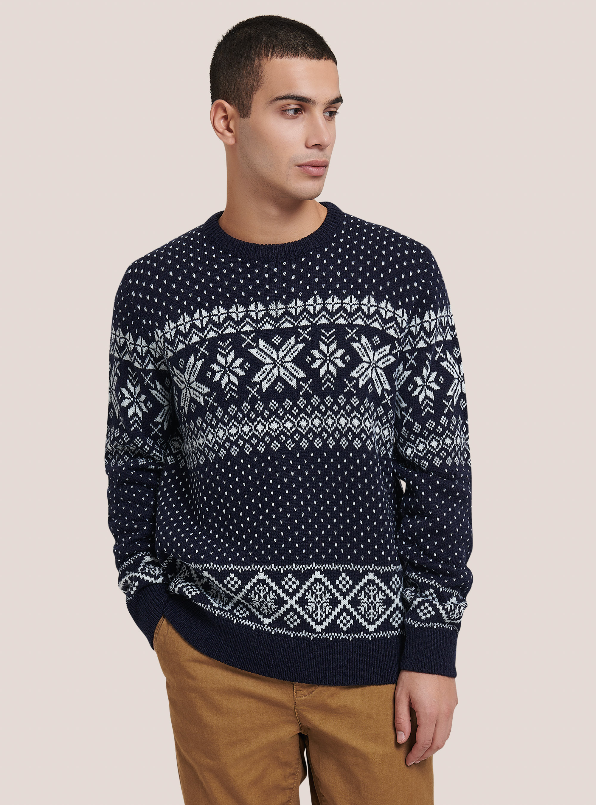 Jersey de cuello redondo con copos de nieve, AZUL MARINO