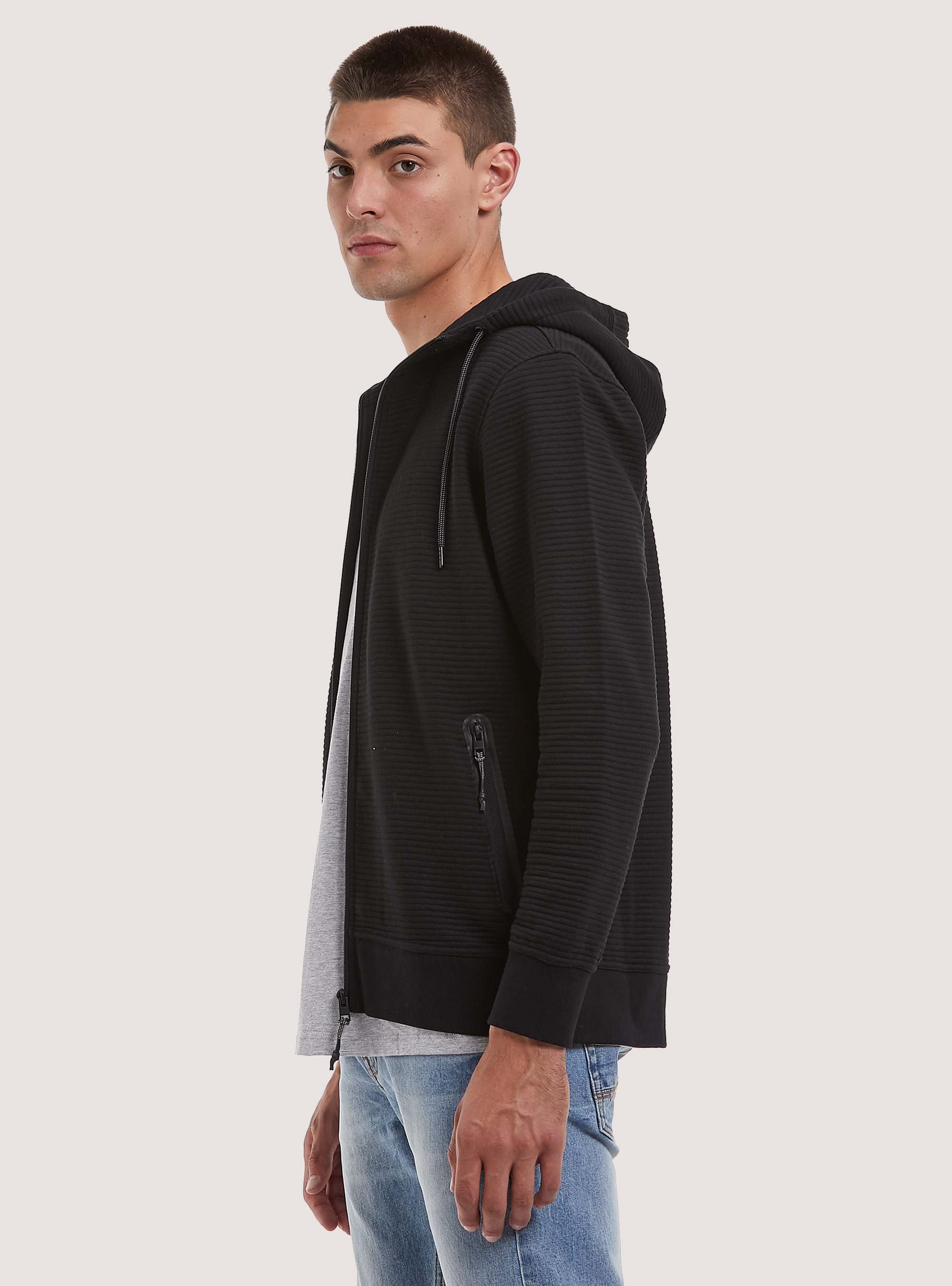 Sweatshirt with zip and hood, BK1 BLACK
