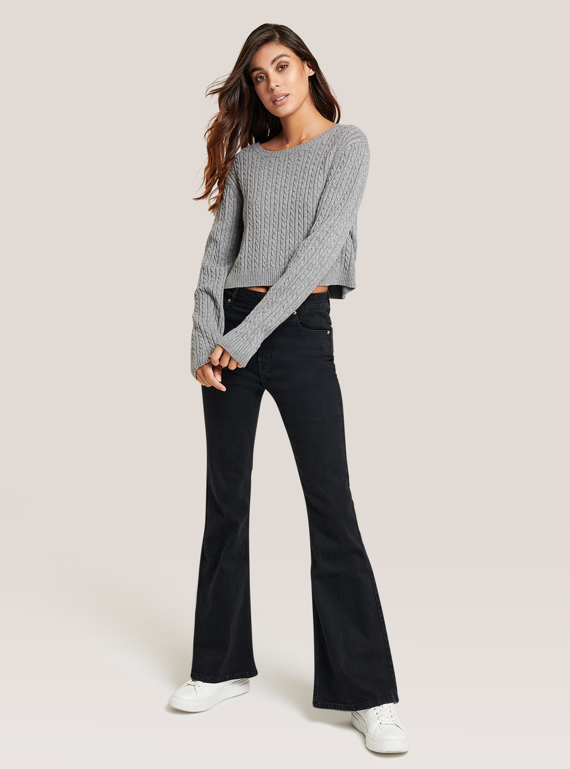 Suéter recortado con trenzas de tacto suave, GRIS MELANGE