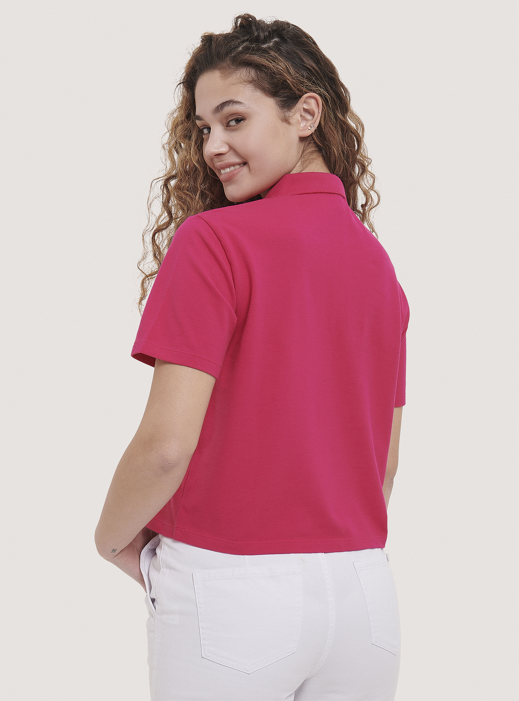 Solid colour crop fit polo shirt, FUXIA
