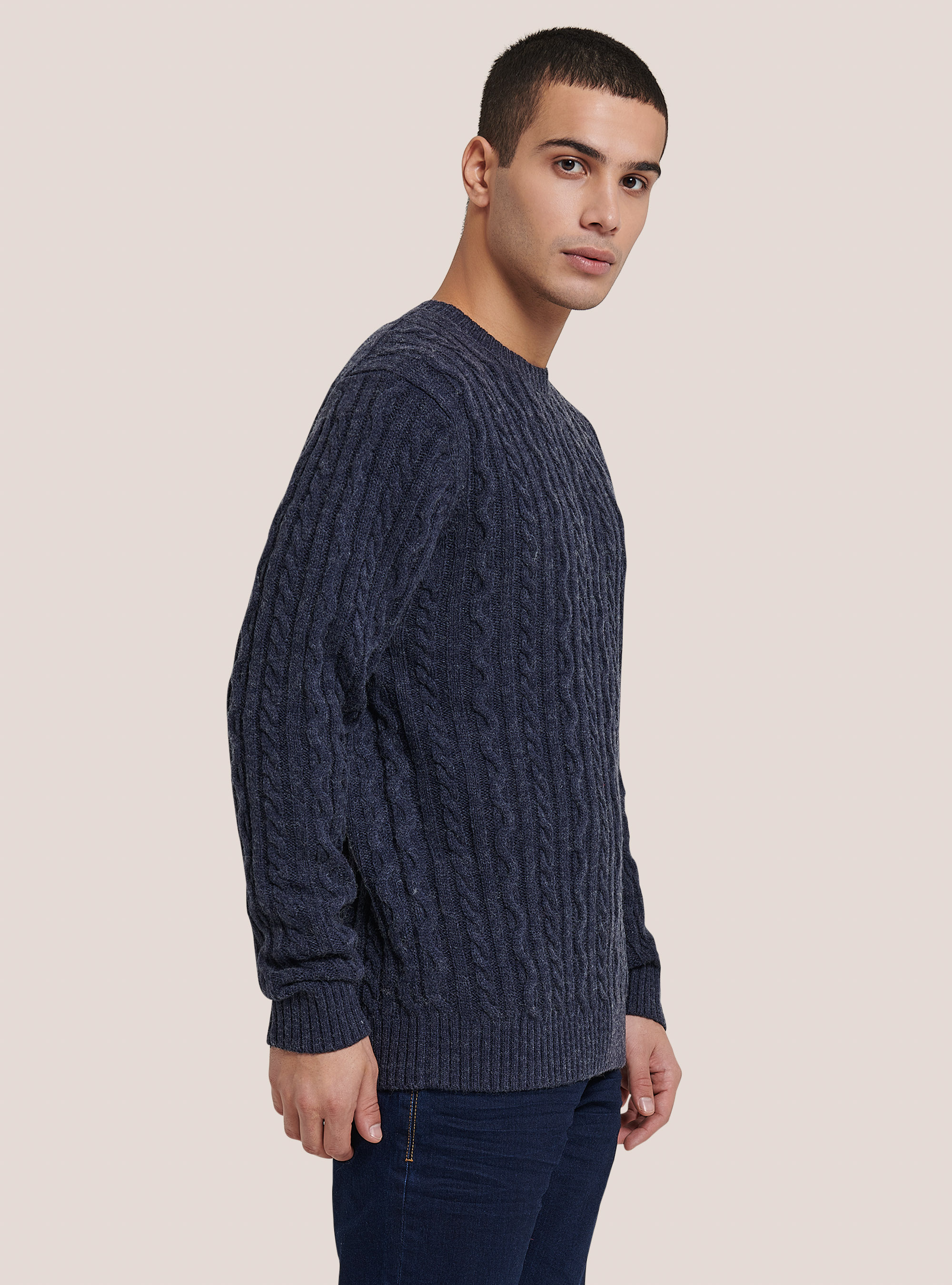 Pullover caldo con trecce, C0293 BLU MELANGE