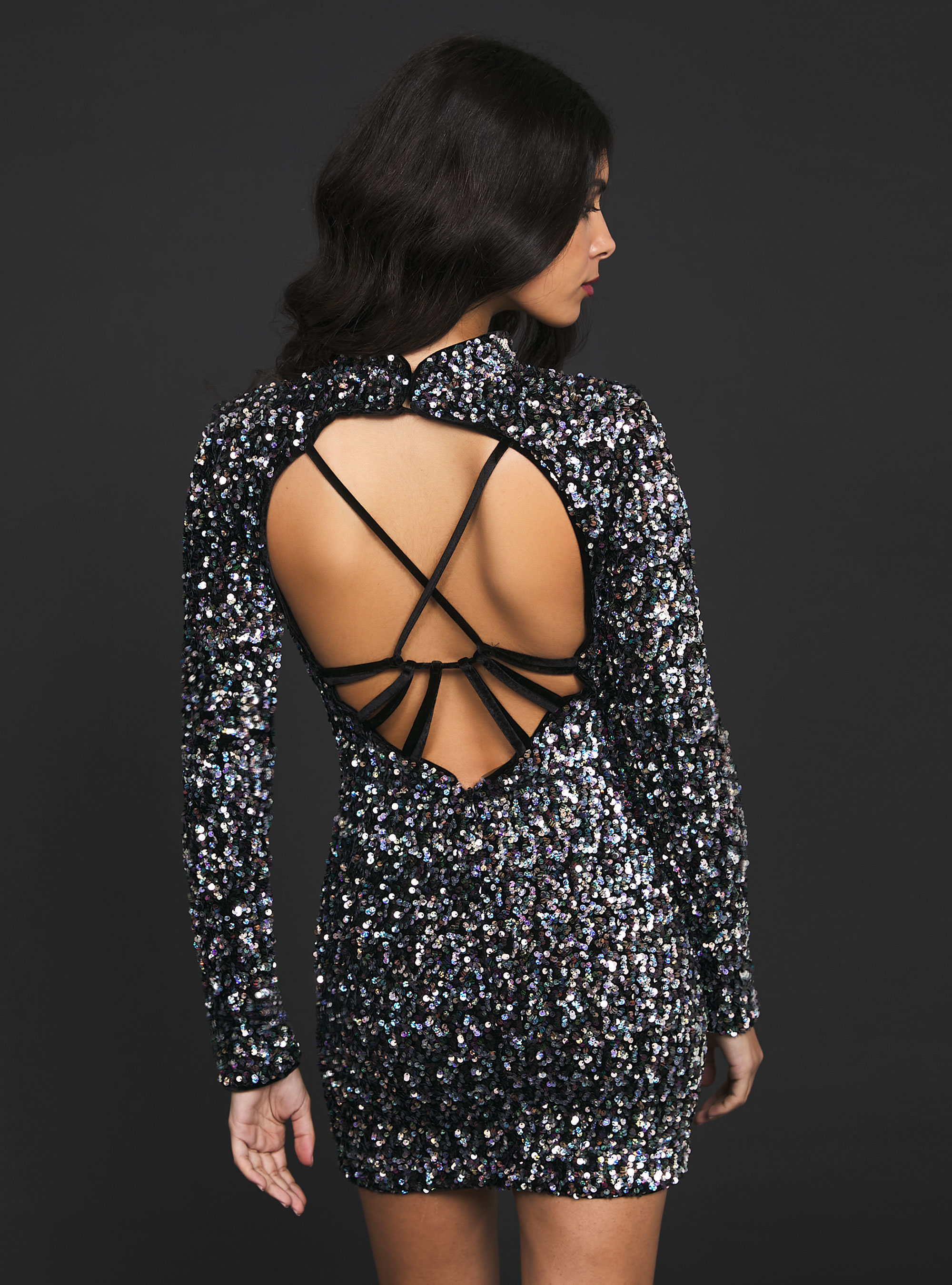 Abito maniche lunghe paillettes, BK1 BLACK