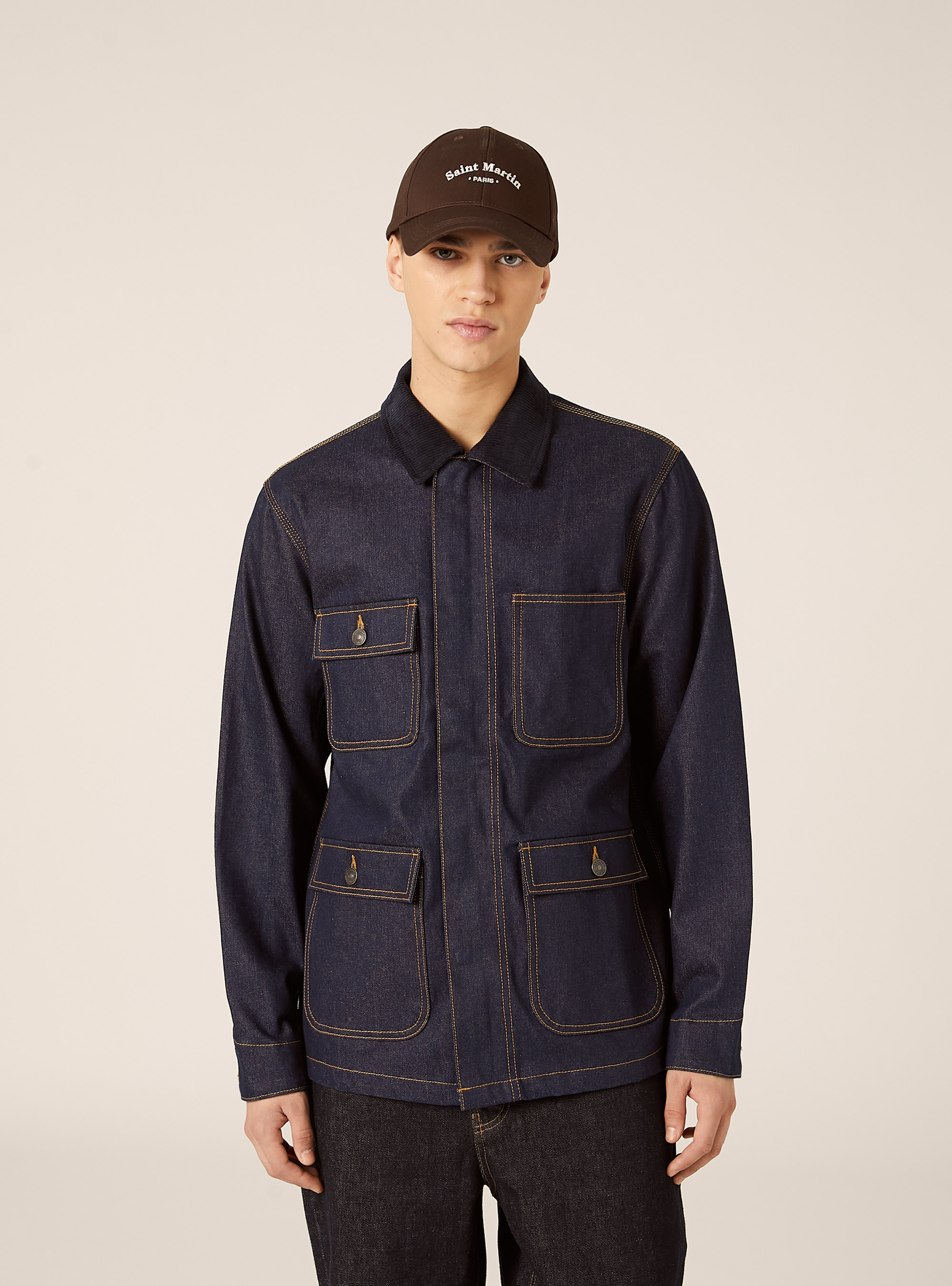 Giubbino in denim con collo in velluto e tasconi, D001 DEEP BLUE