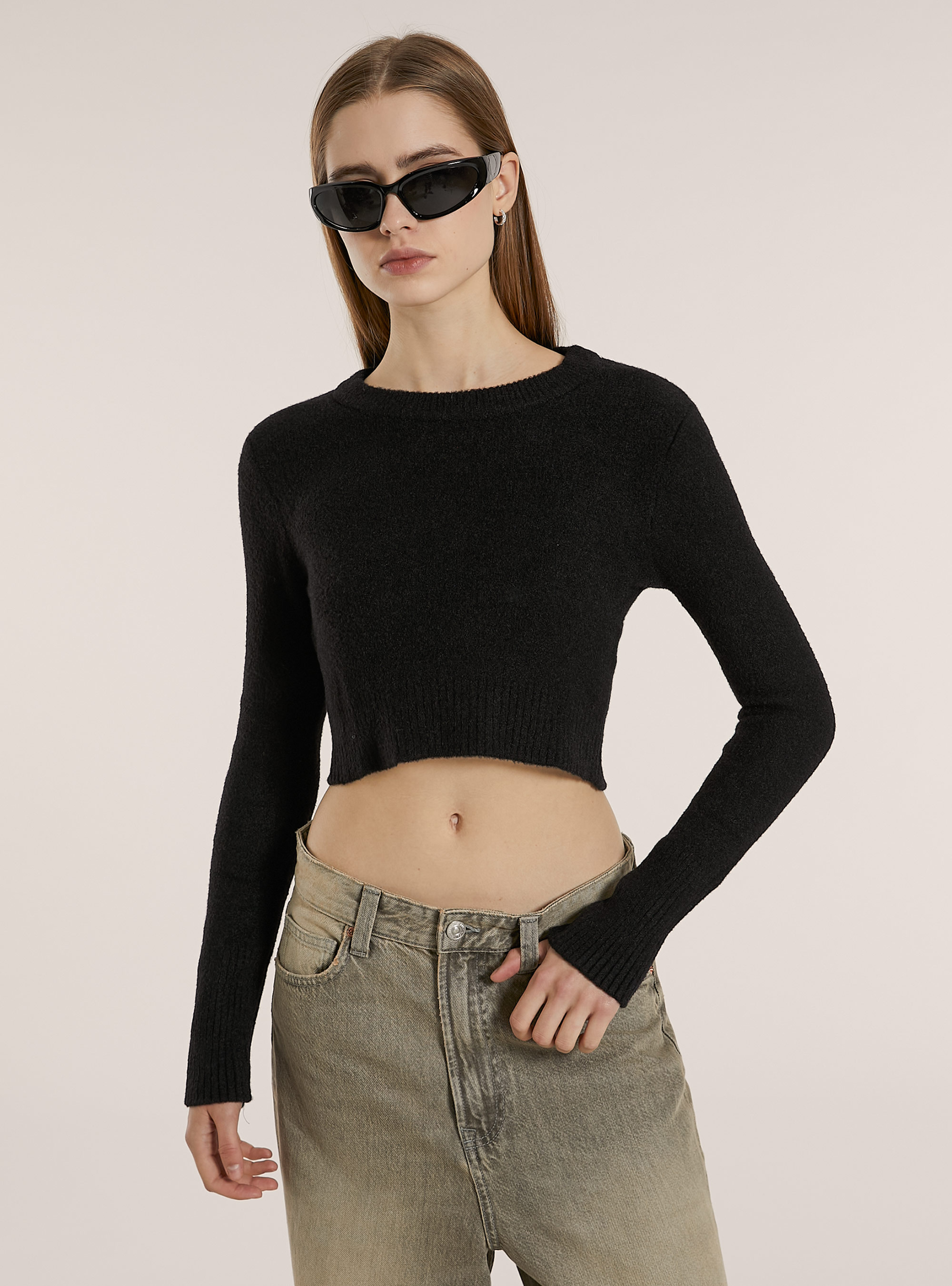 Pullover  girocollo pelo rasato, BK1 BLACK