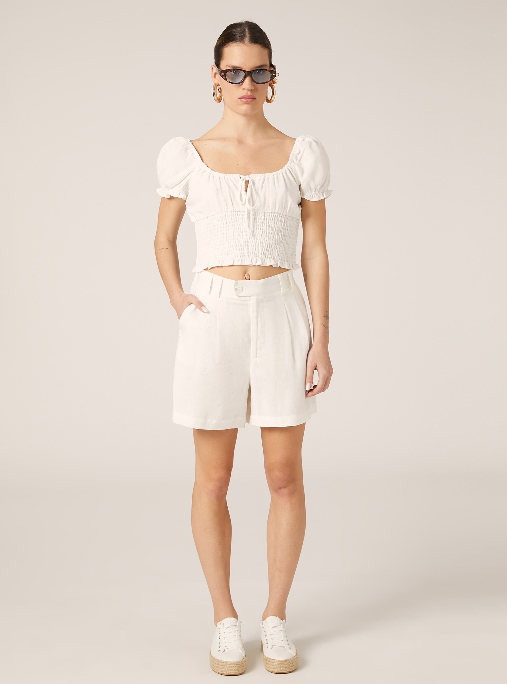 Bermuda in misto lino in tinta unita, WH2 WHITE