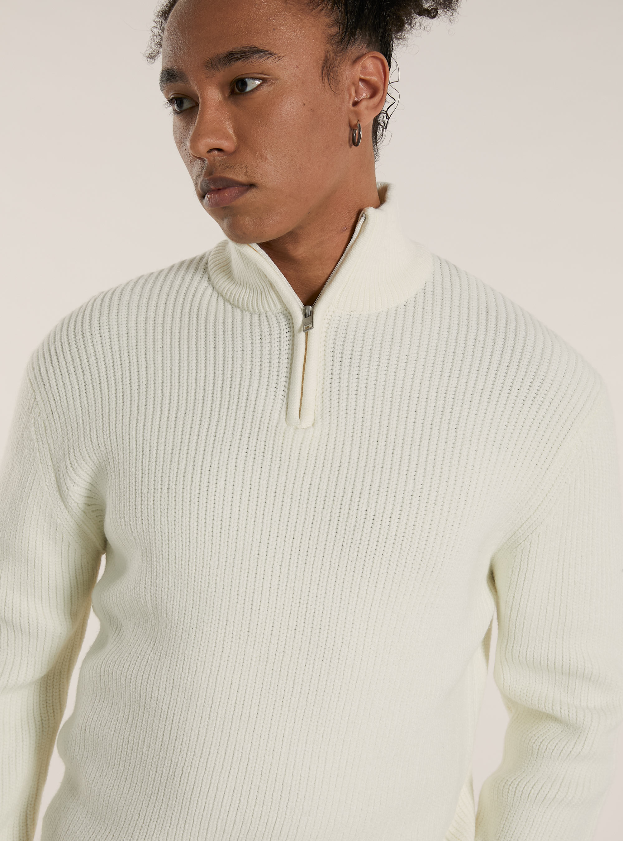 Maglia a costine con mezza zip  collo alto, WH2 WHITE