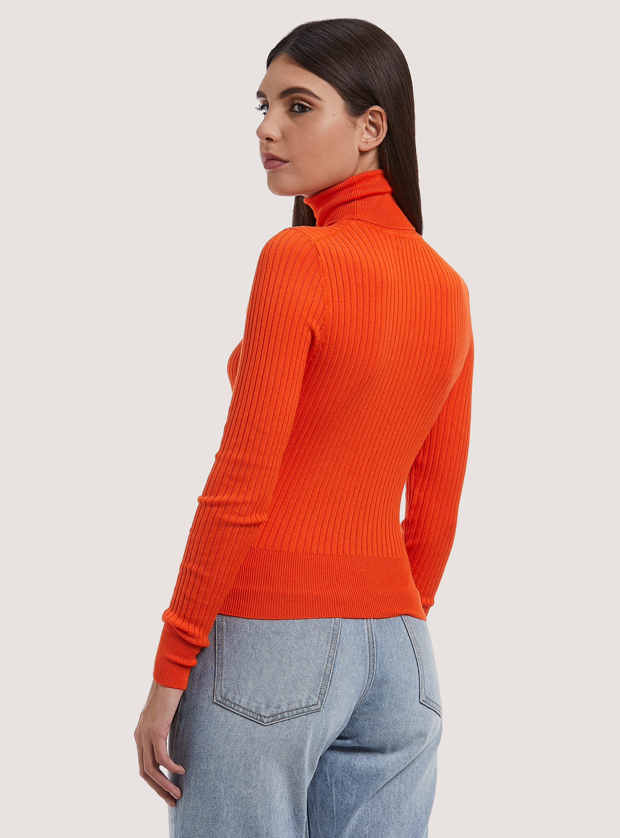 Pullover cropped a collo alto a coste, OR2 ORANGE MED.