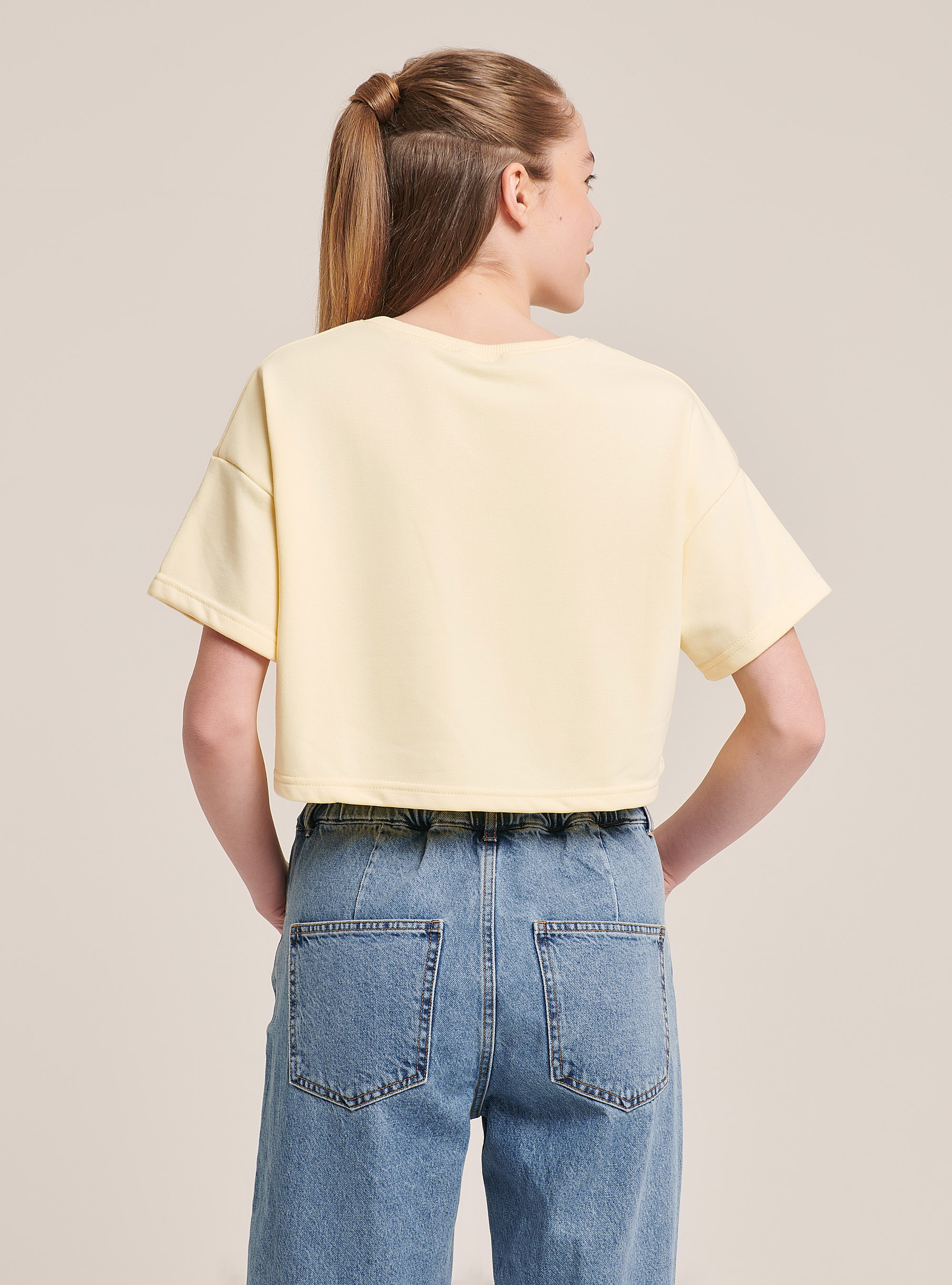 Short-sleeved college crop sweatshirt with lettering print, C7757 YELLOW