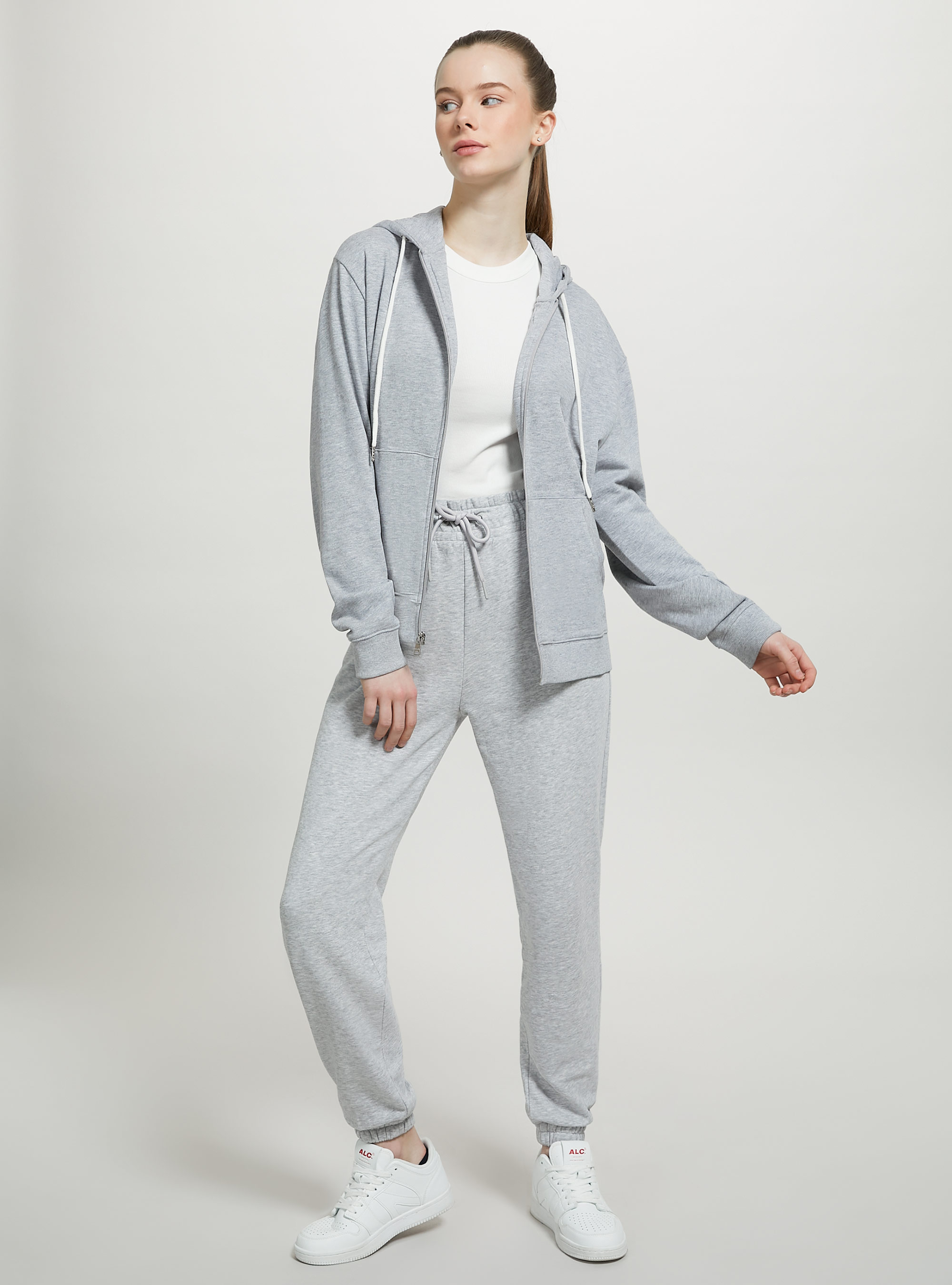 Basic-Baumwollsweatshirt mit Kapuze und Reißverschluss, C143 LIGHT GREY M