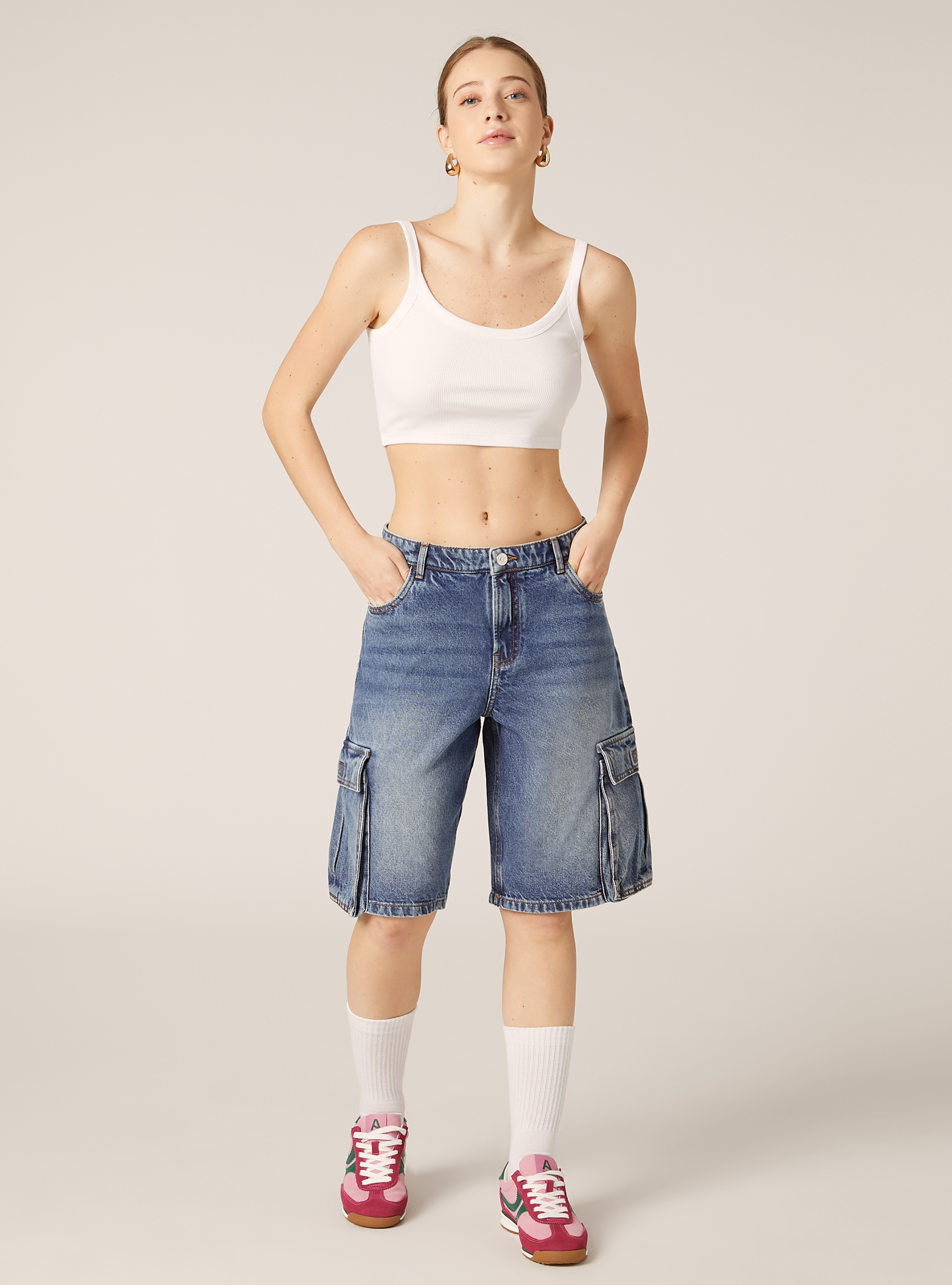 Denim cargo jorts, D004 MEDIUM LIGHT BLUE