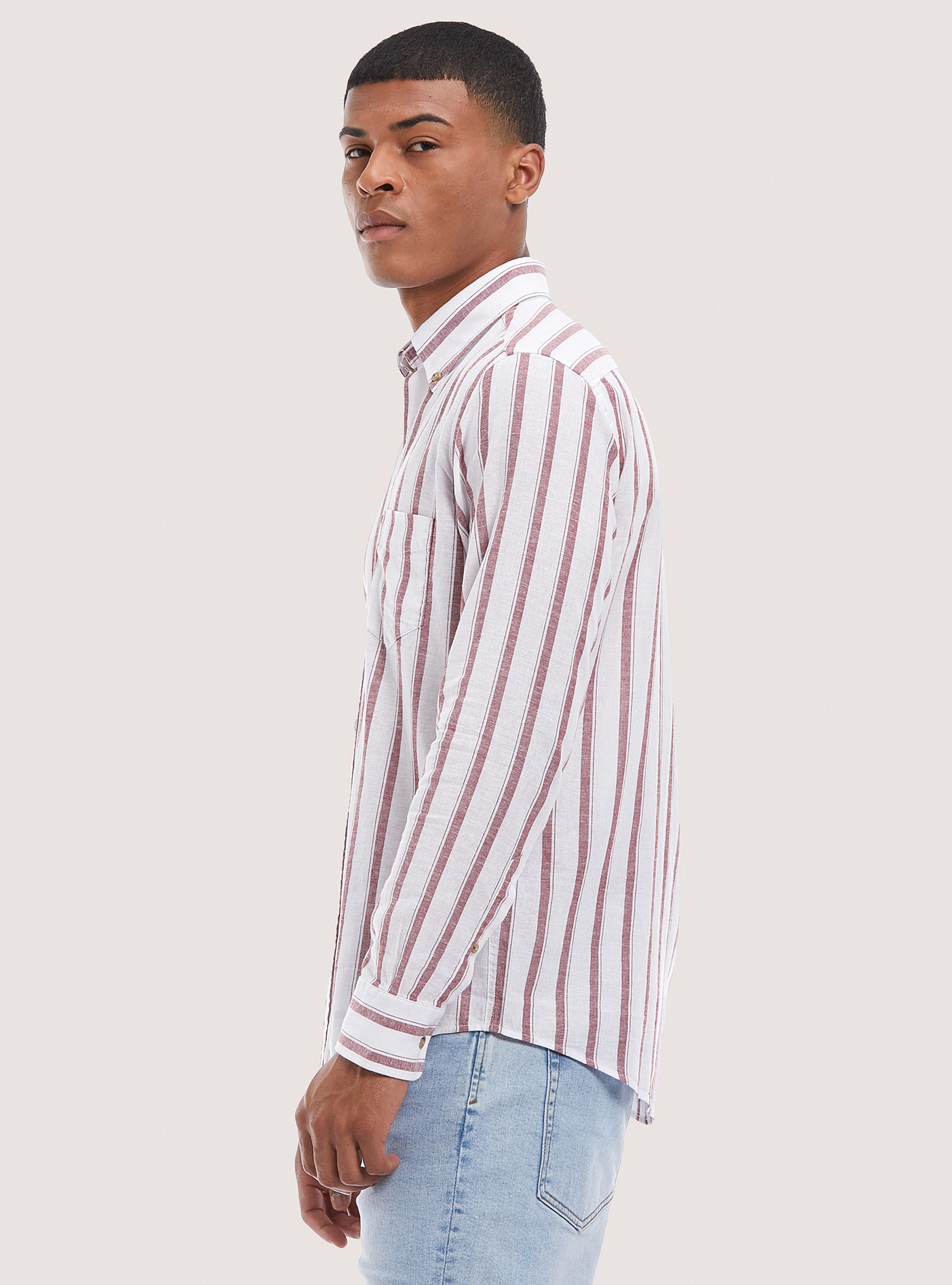 Camicia in misto lino rigata, C0333 BORDEAUX