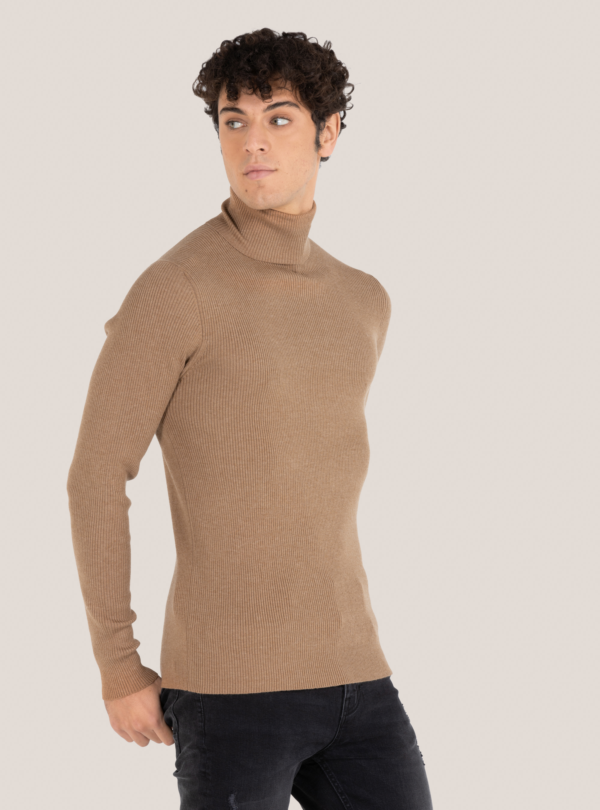 Ribbed turtleneck pullover, BEIGE