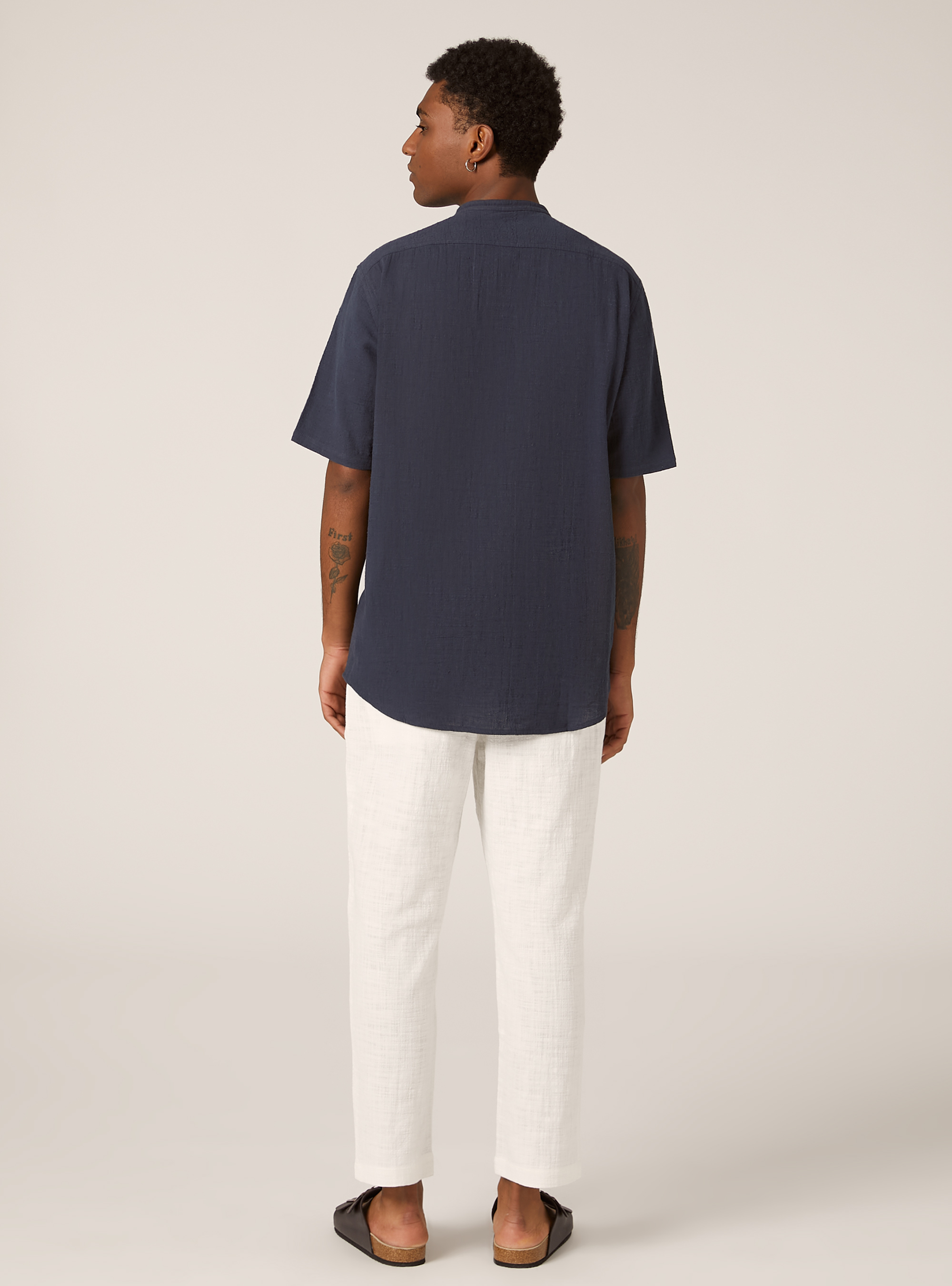 Linen blend shirt with Korean collar, NA2 NAVY MEDIUM