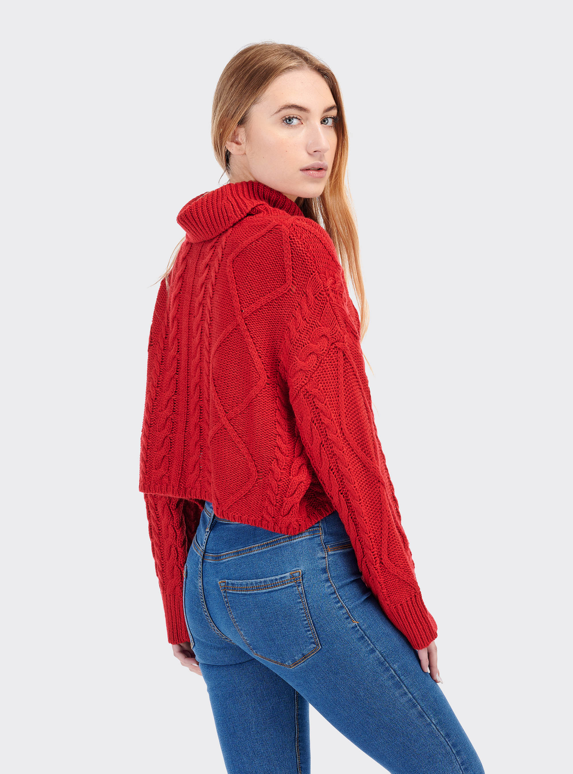 Cropped pullover with braids in wool blend, RED