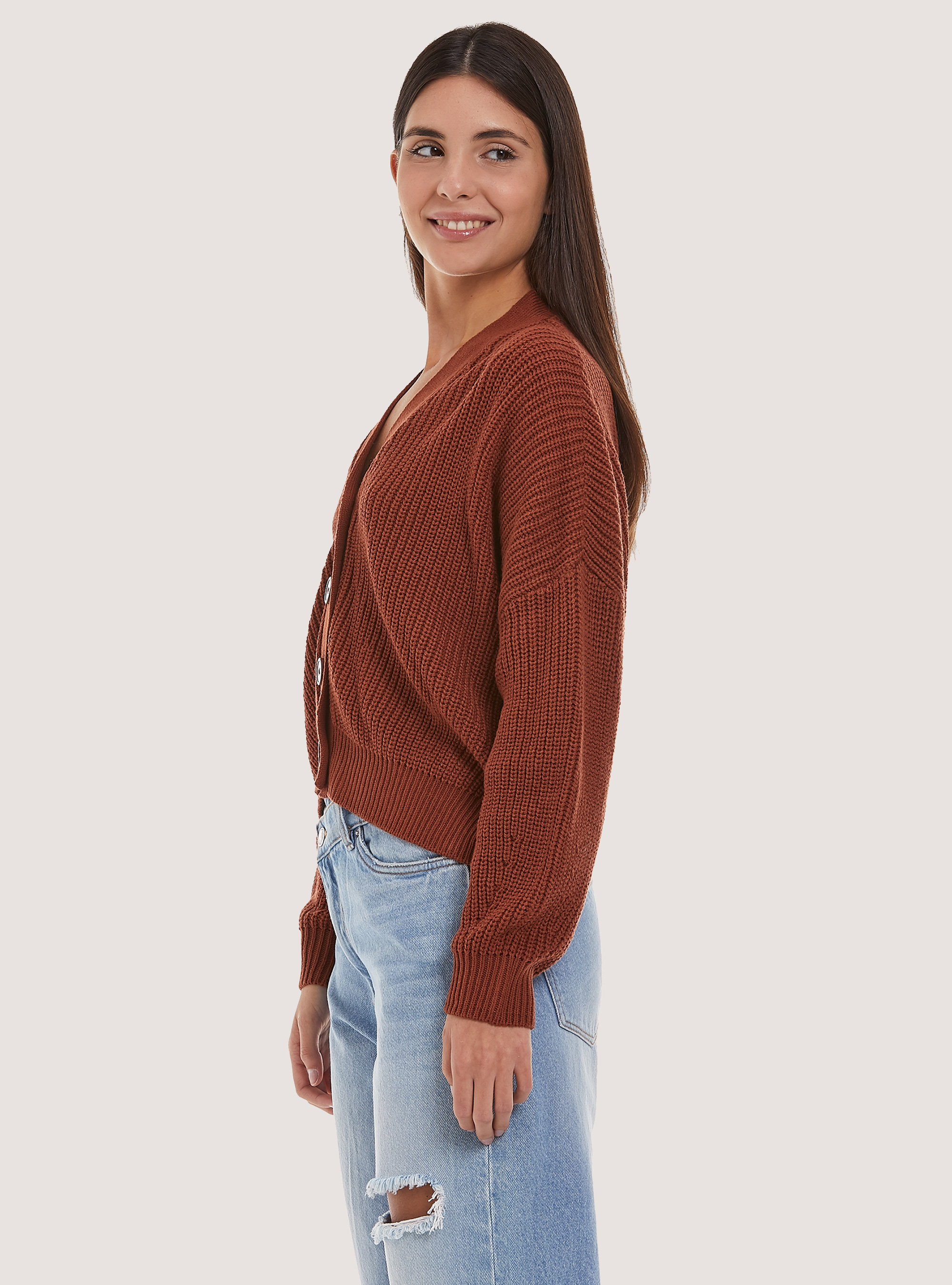 Pullover cardigan cropped, C5609 BROWN