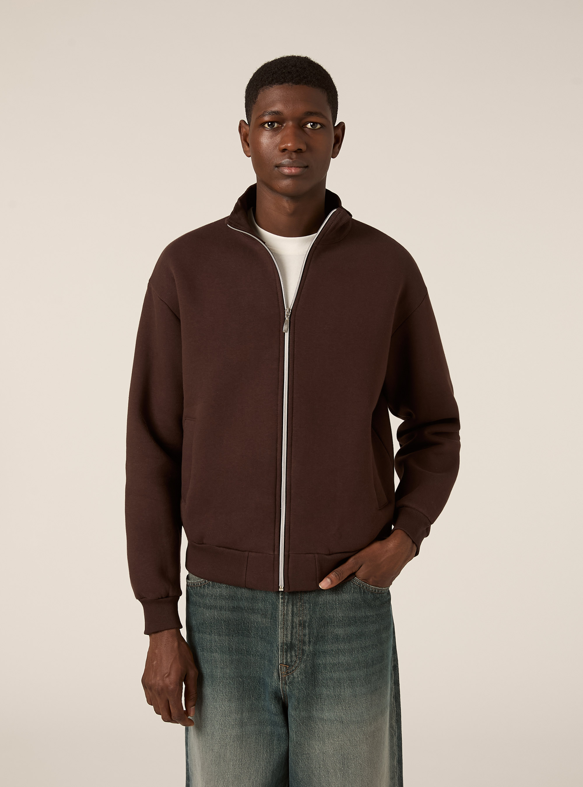 Cardigan con cerniera mezzocollo, BR1 BROWN DARK