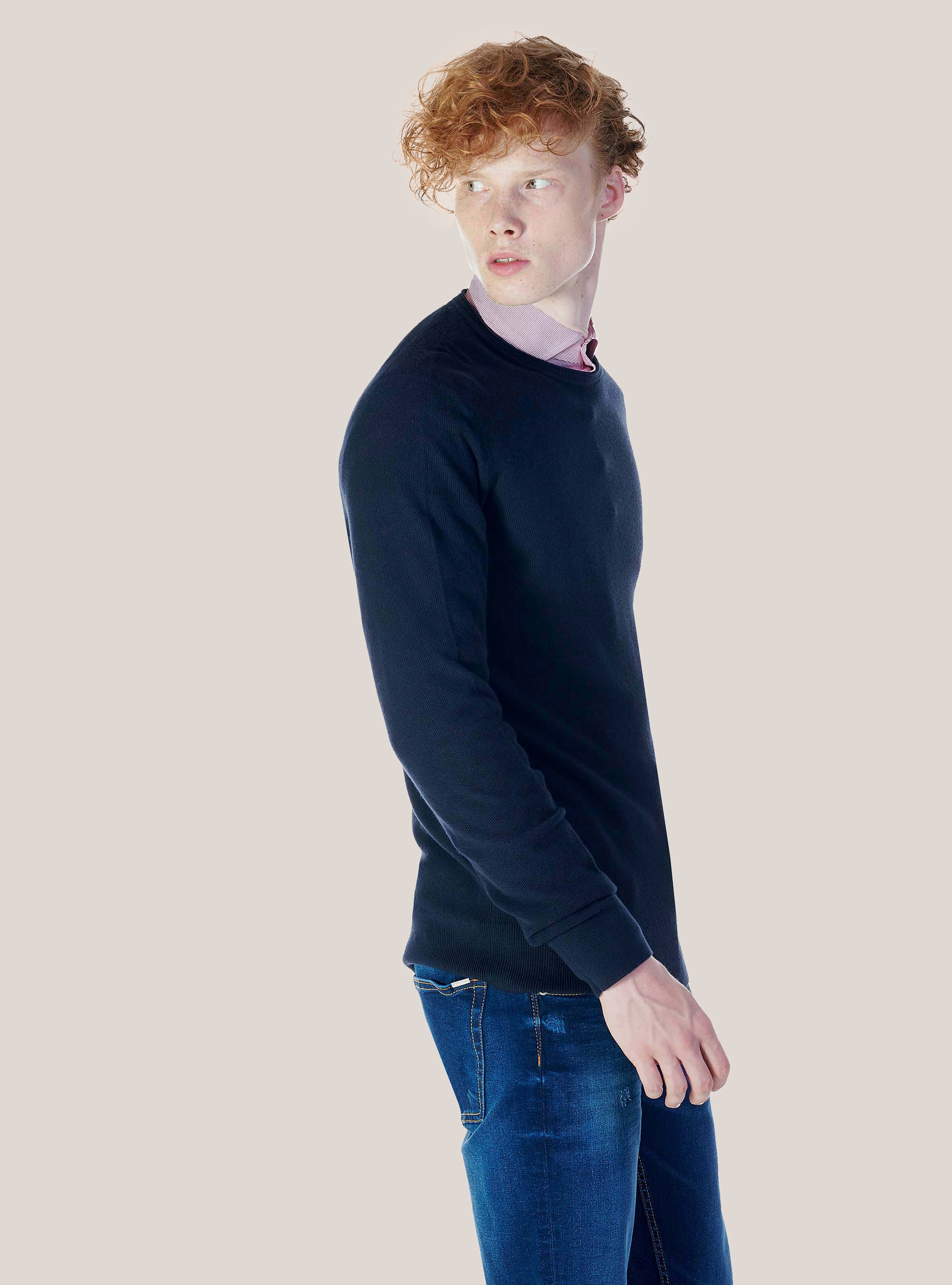 Maglia girocollo in misto cashmere, BLU MARINO