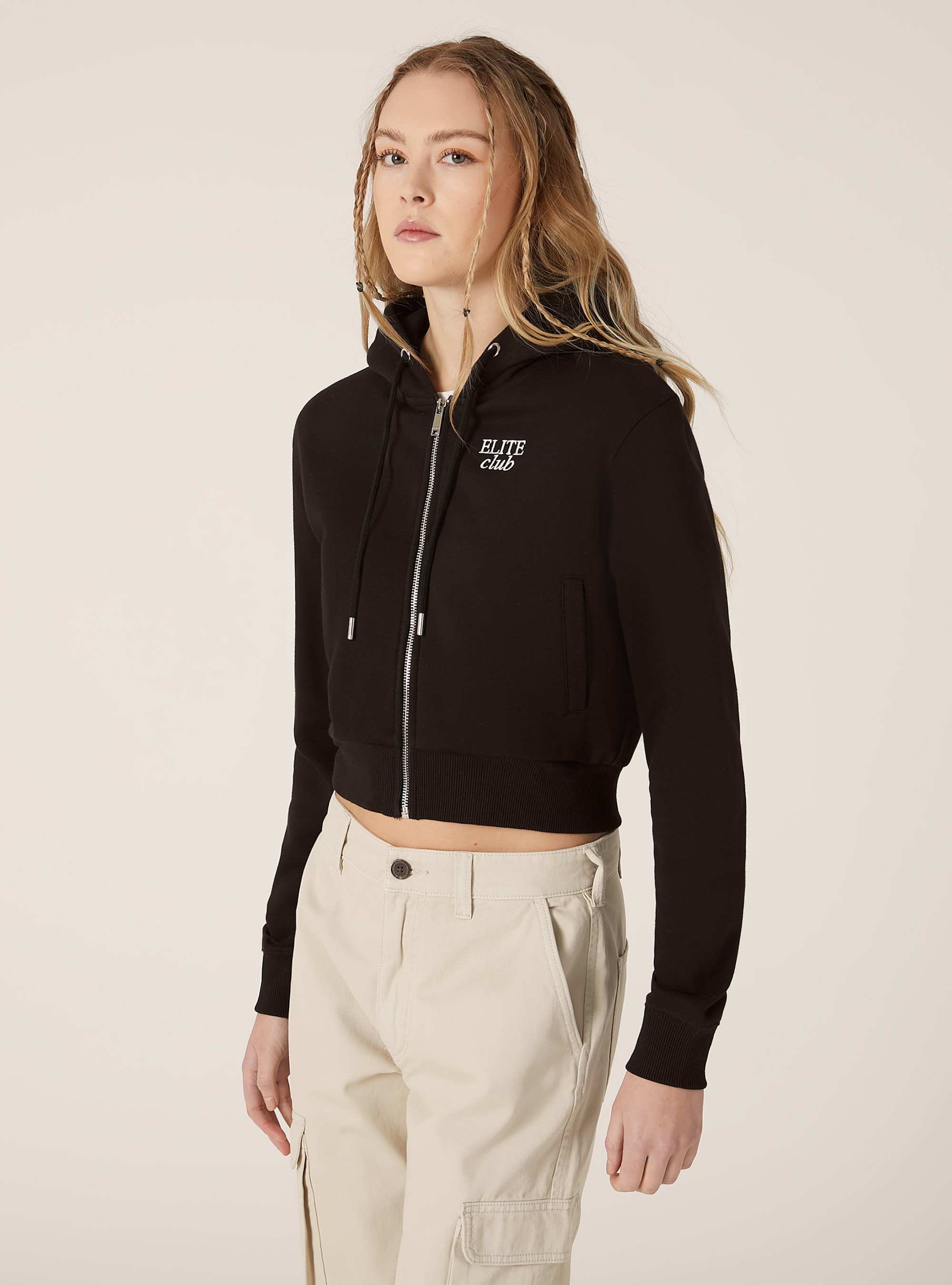 Cropped sweatshirt with zip and print, BK1 BLACK