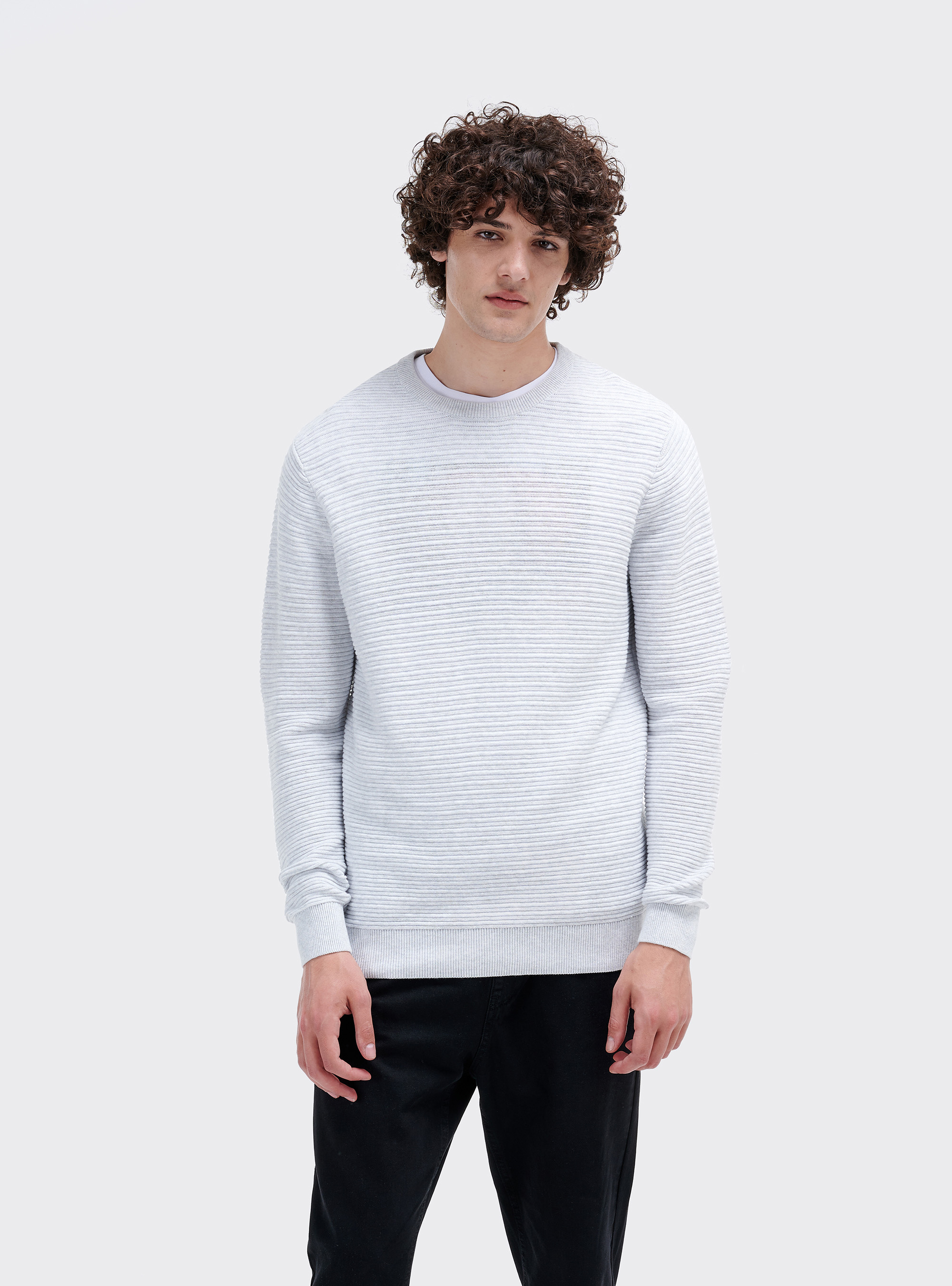 Basic crew neck structured knit sweater, C148 ICE MELANGE