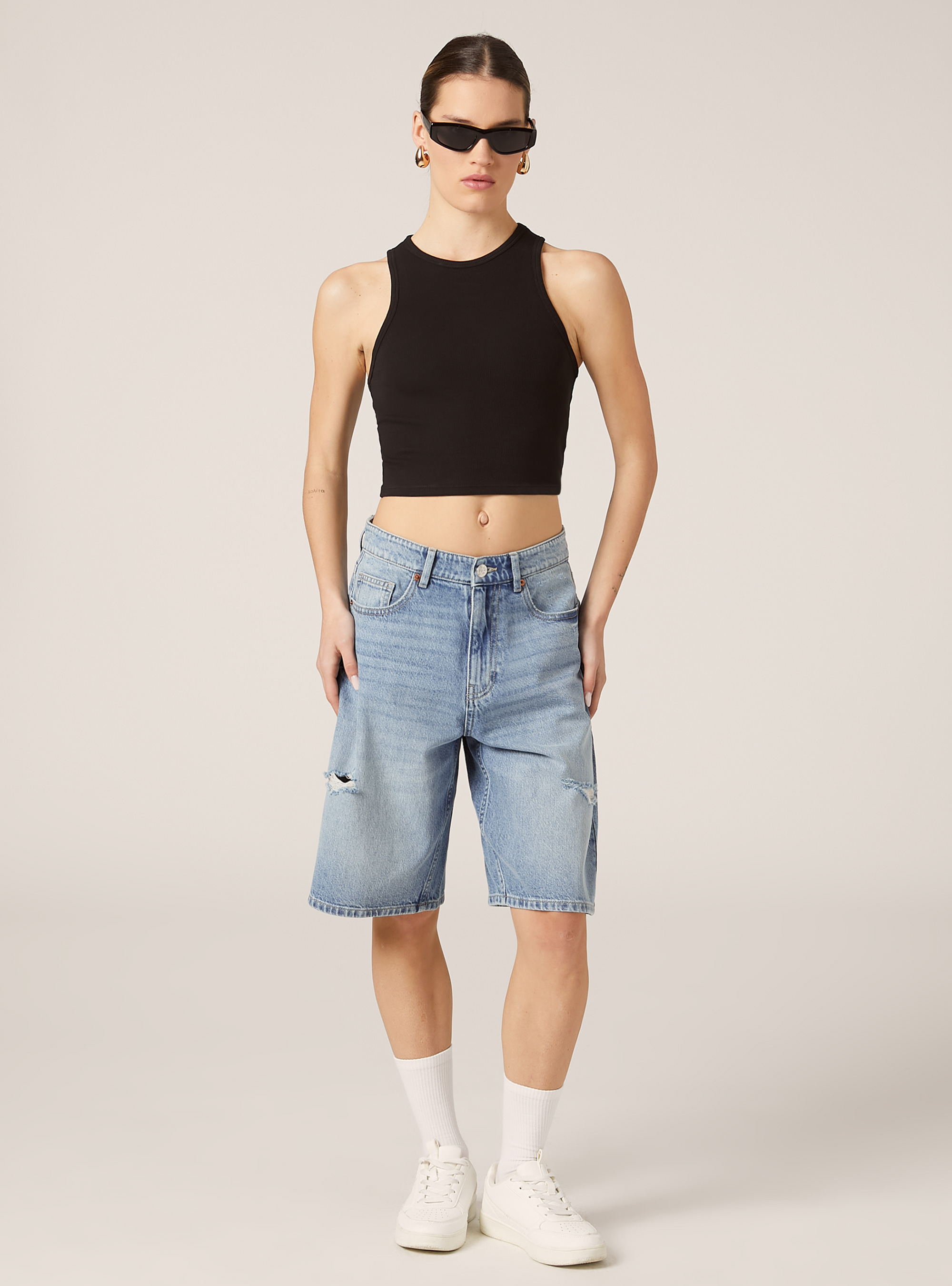 Cropped tank top in rib, BK1 BLACK