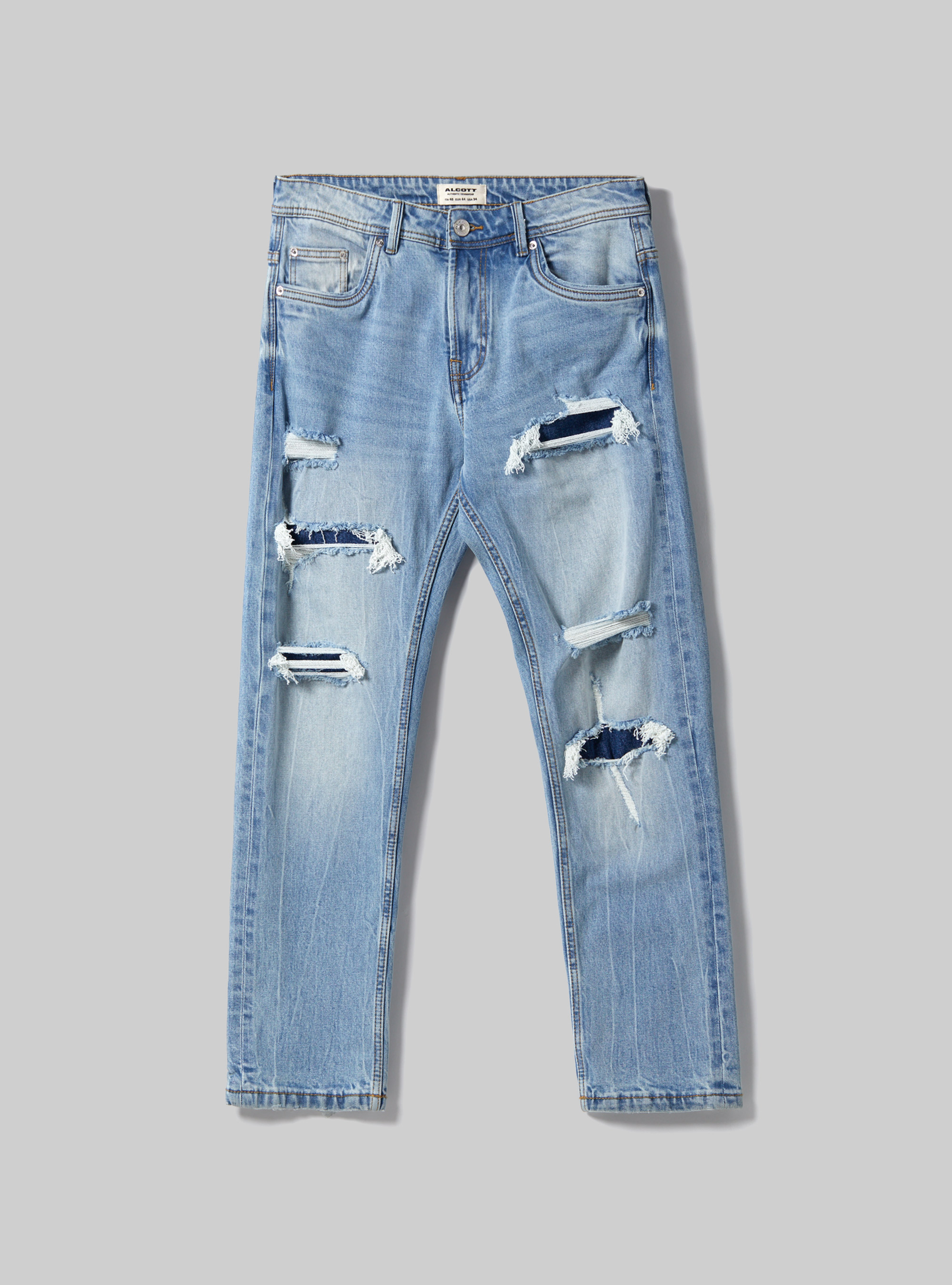 Slim fit stretch denim jeans with rips, D004 MEDIUM LIGHT BLUE