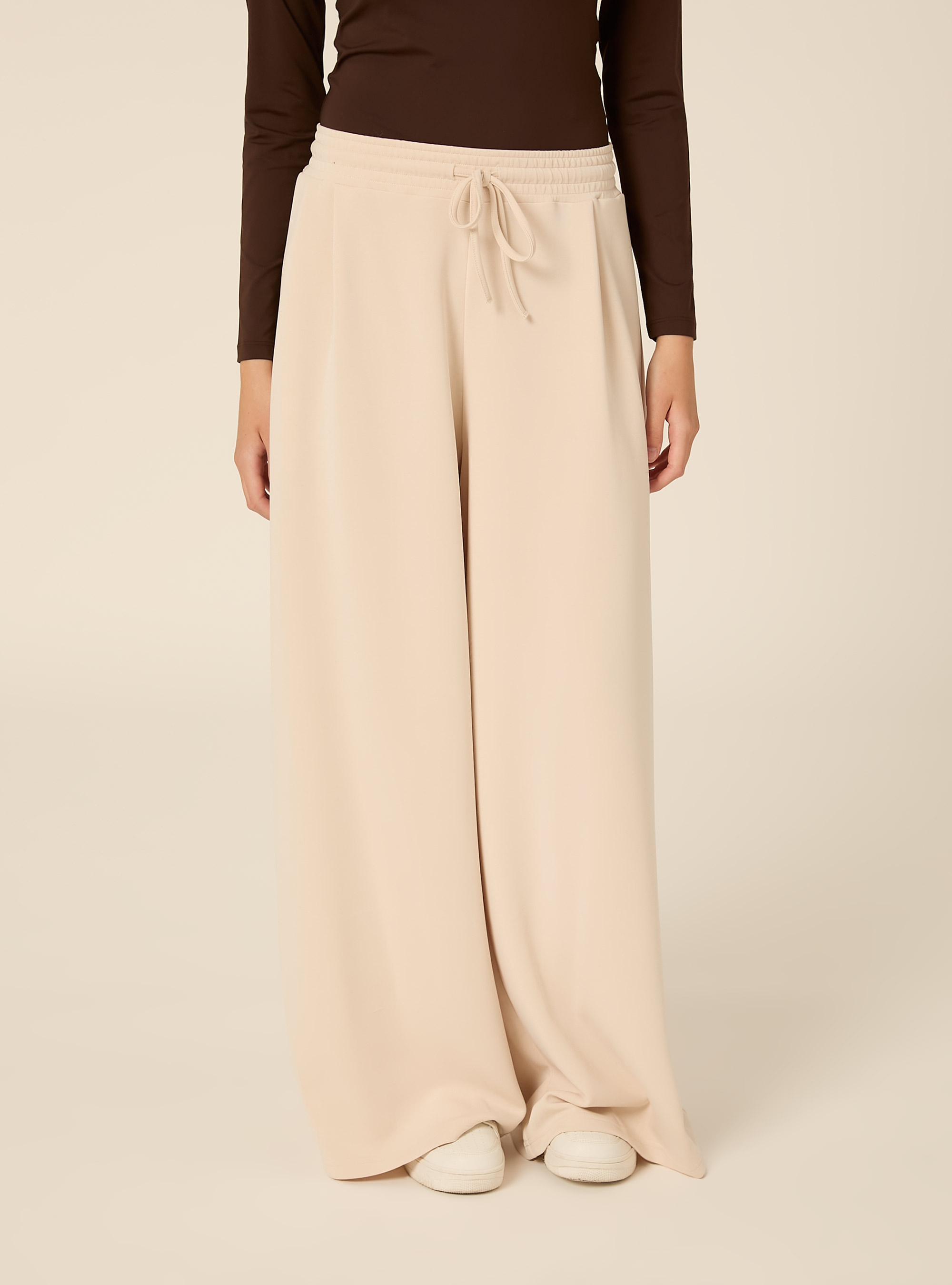 Pantaloni wide leg con pence in scuba, CR3 CREAM LIGHT