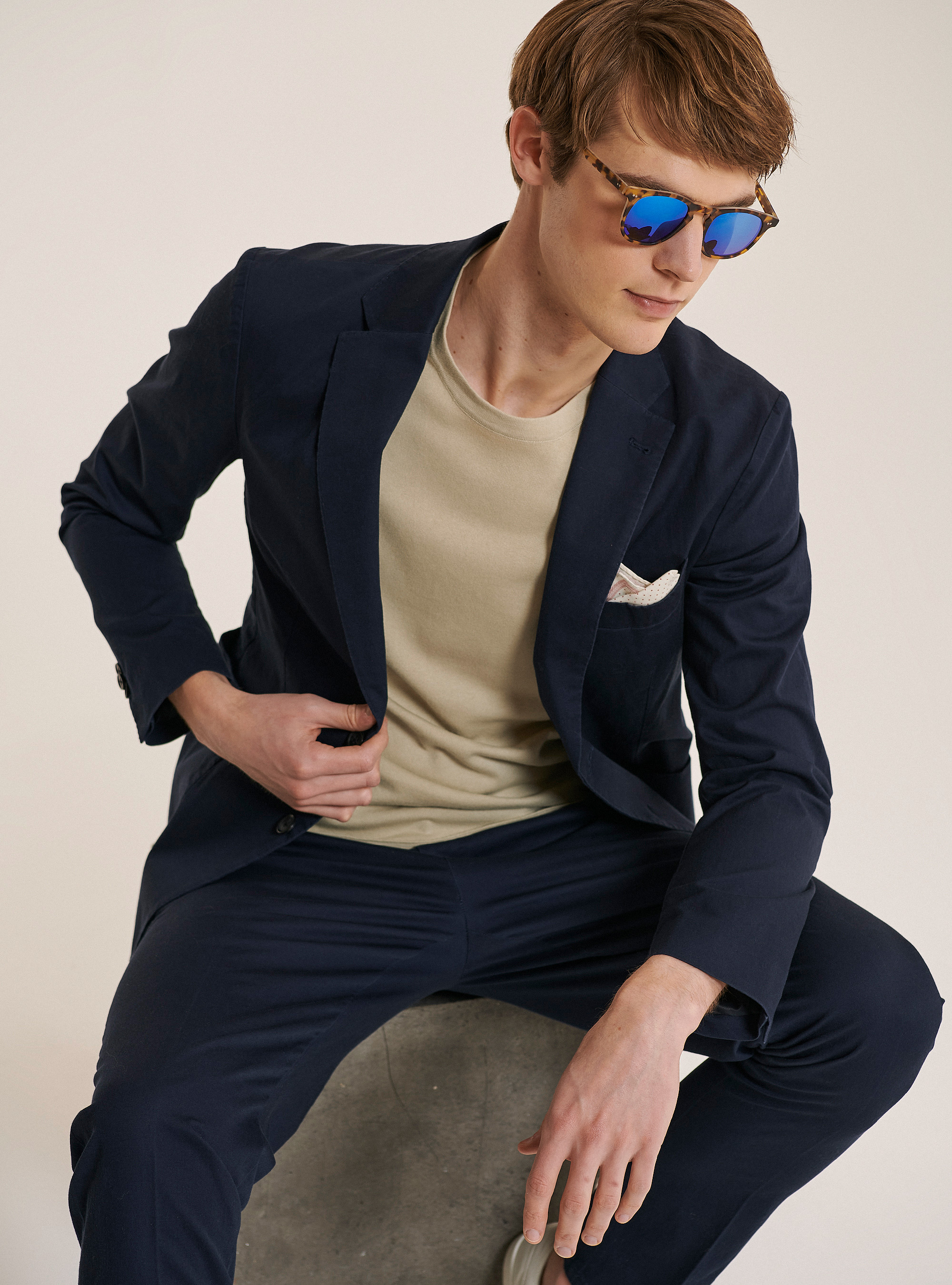 Giacca monopetto con tasca a toppa in misto lino, BLUE NAVY