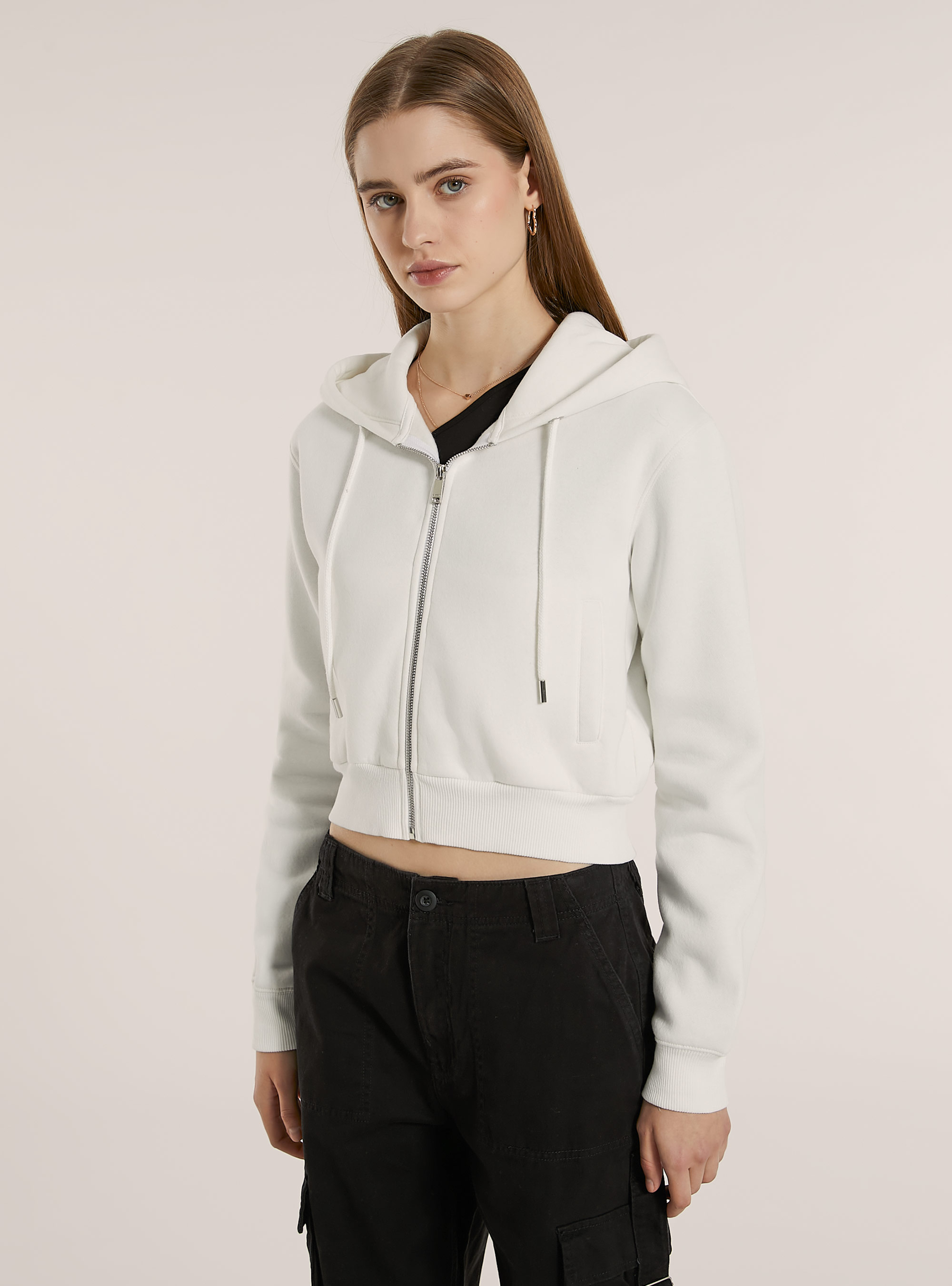 Cardigan felpa crop con cappuccio e tasche, WH2 WHITE
