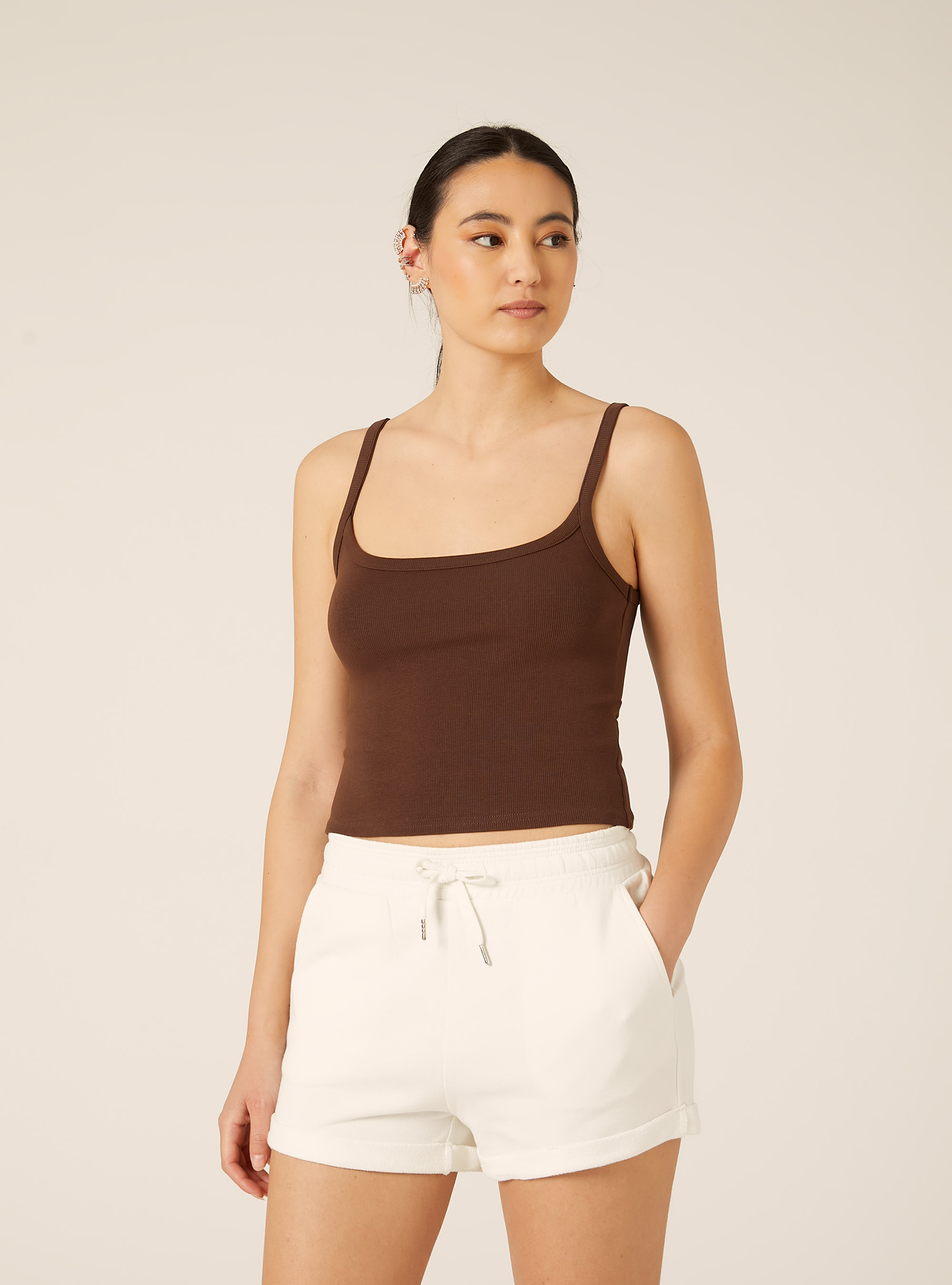Canotta crop a coste basic, BR2 BROWN MEDIUM