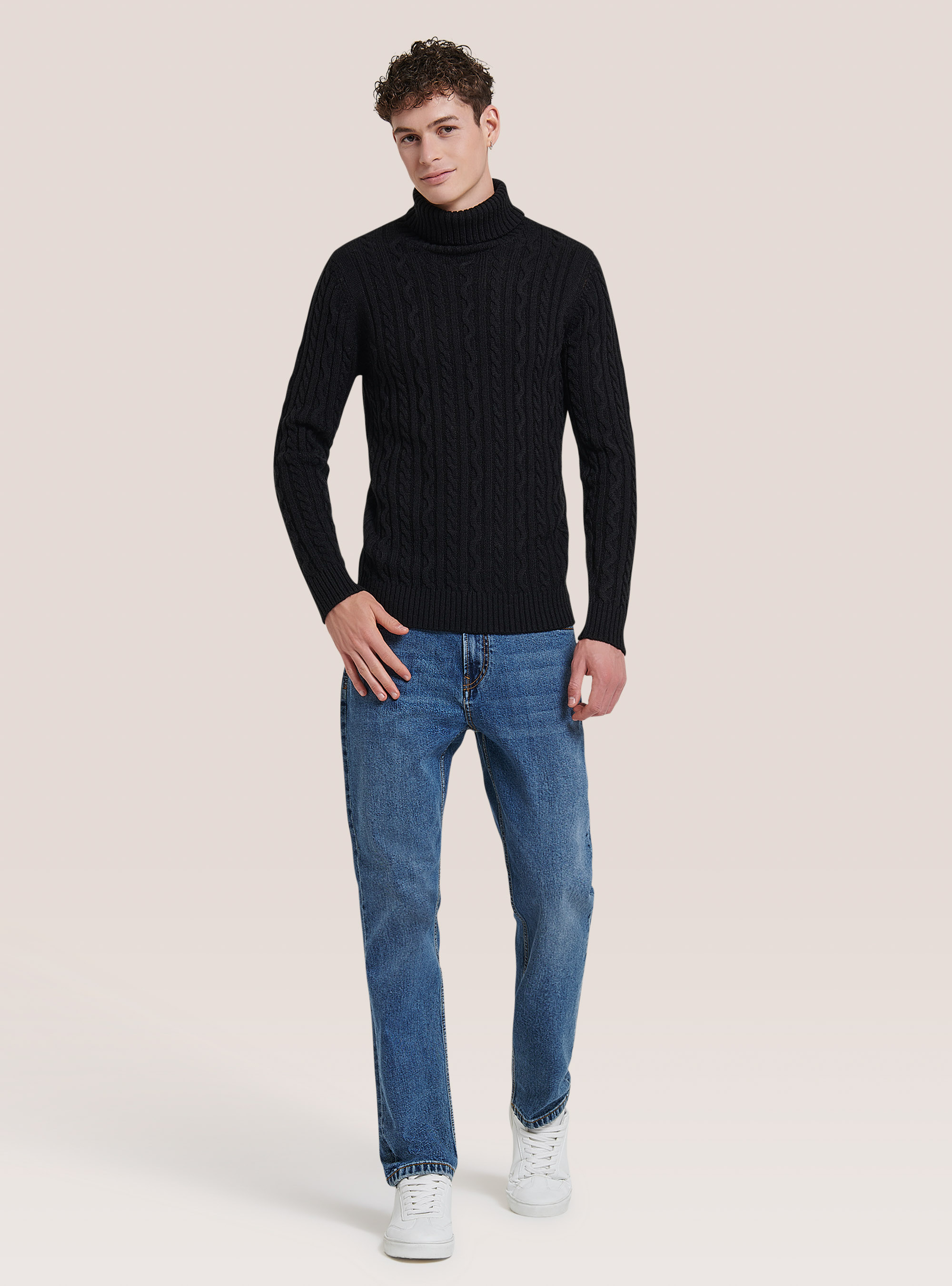 Pullover collo alto con trecce, MNA2 NAVY MEL MED