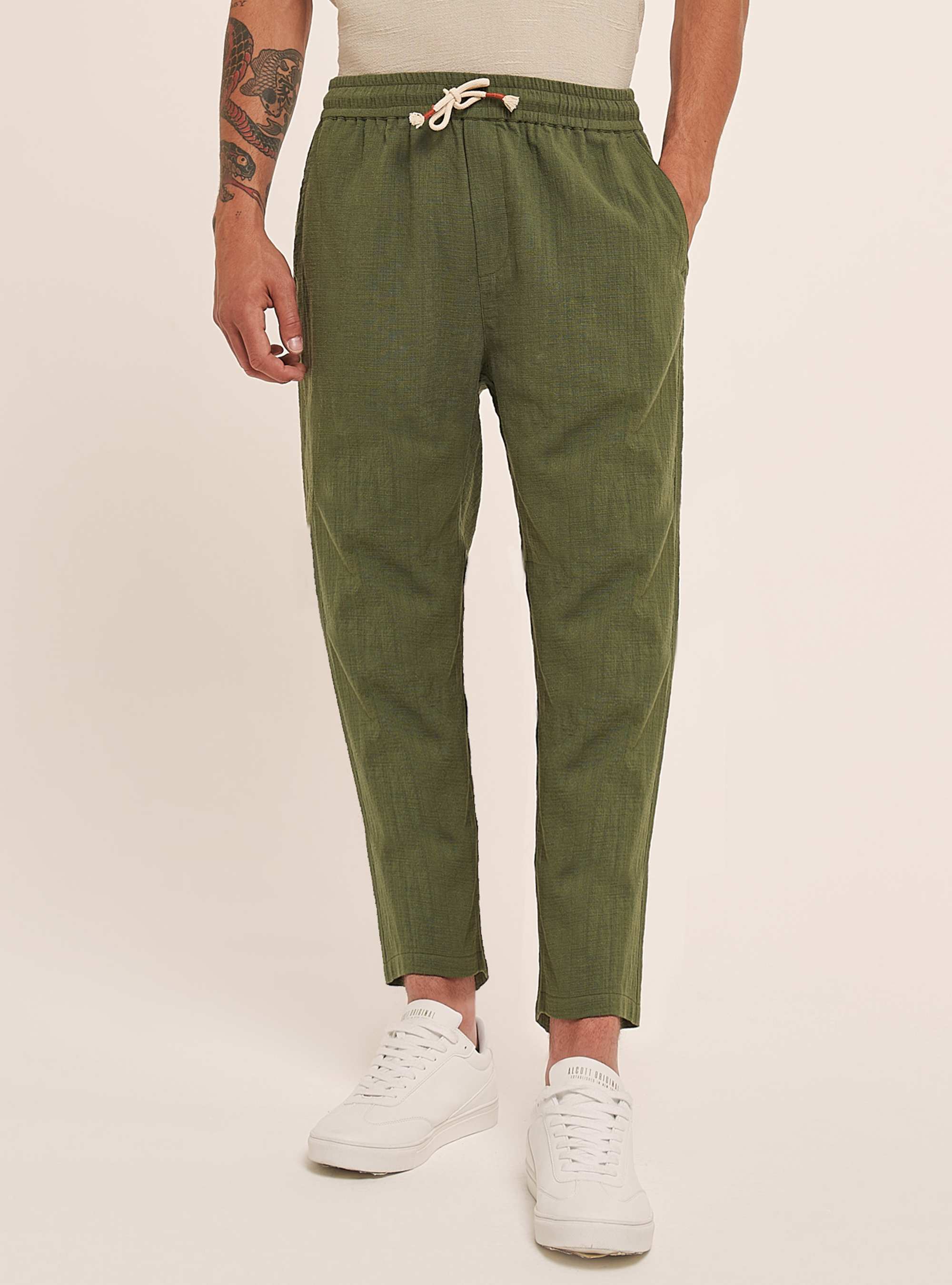 Cotton trousers with drawstring waist, C6604 KAKY