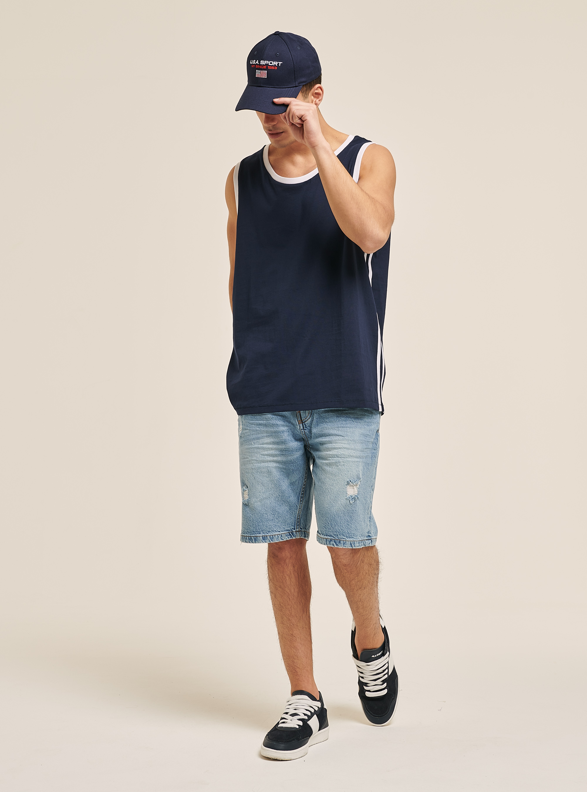 Canotta in cotone con bande laterali, BLU