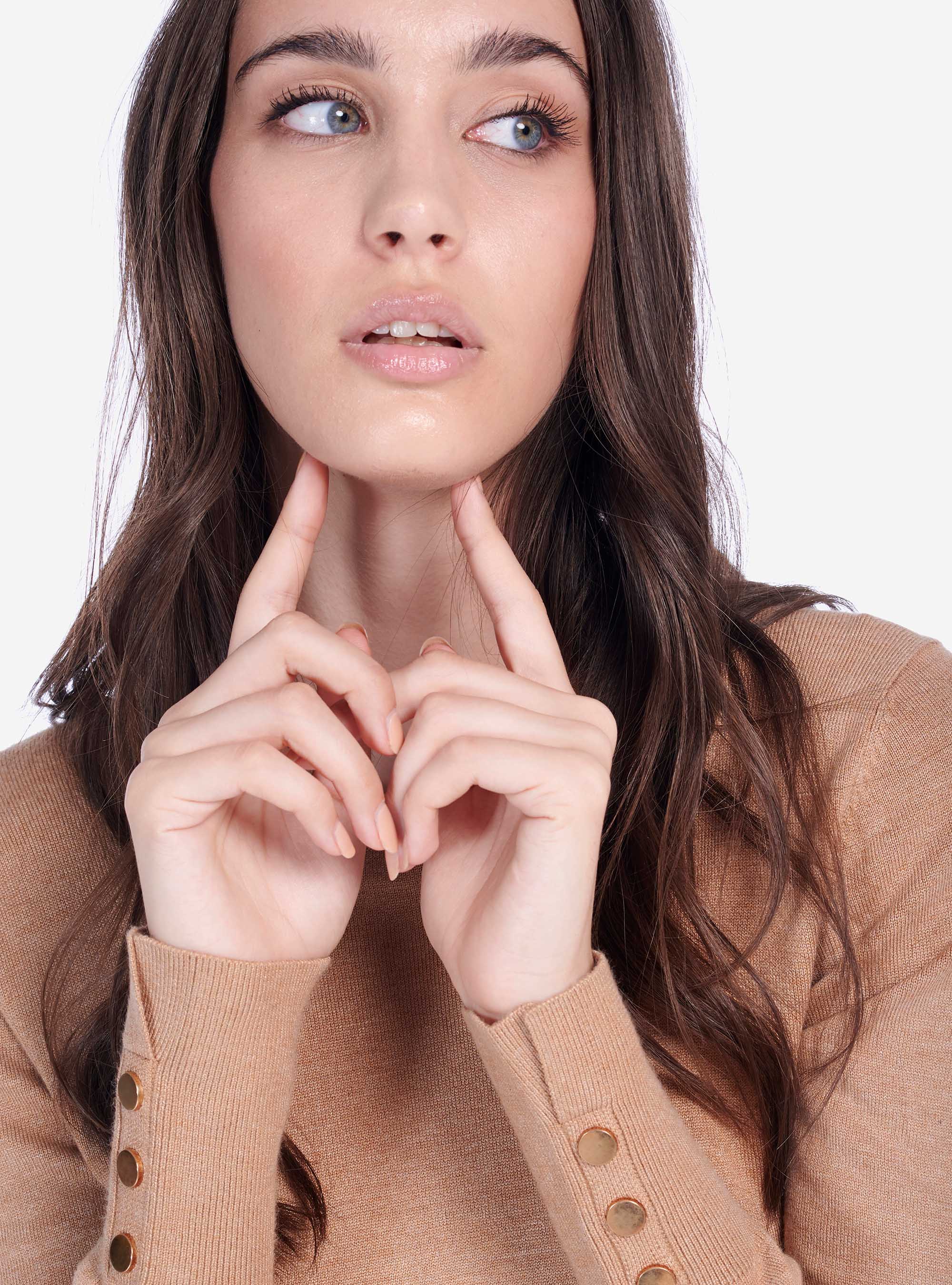 Pull oversize &agrave; col rond avec boutons aux poignets, C528 BROWN