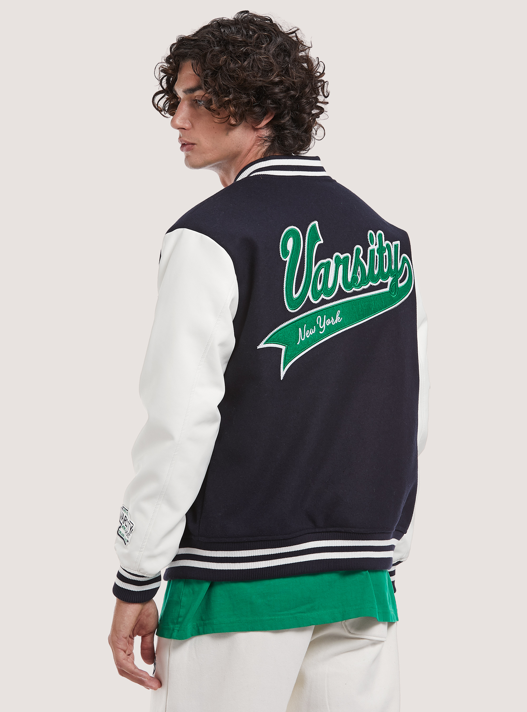 College-style bomber jacket with leather-effect sleeves, NA1 NAVY DARK