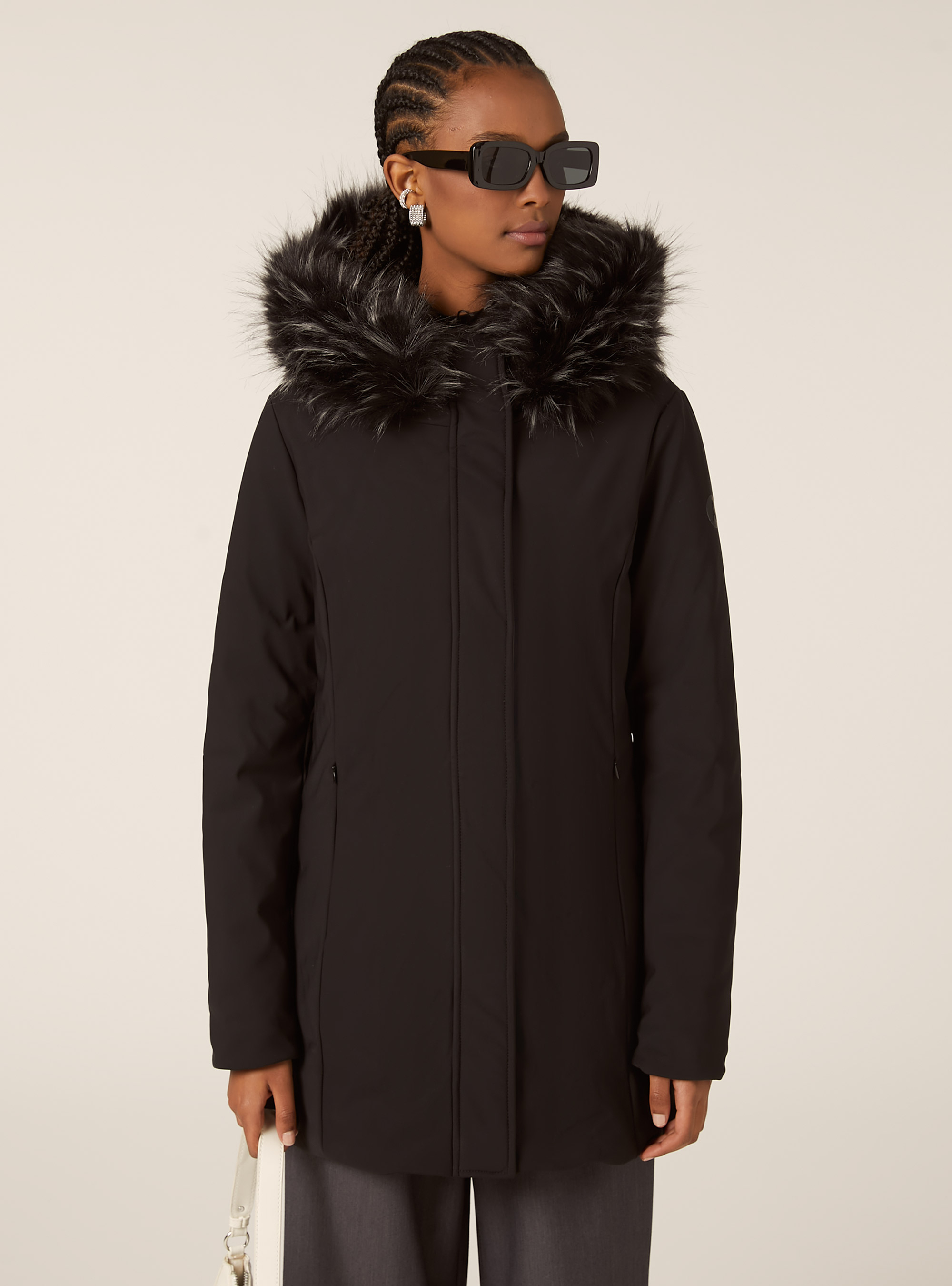 Giubbotto tecnico con cappuccio con pelliccia, BK1 BLACK