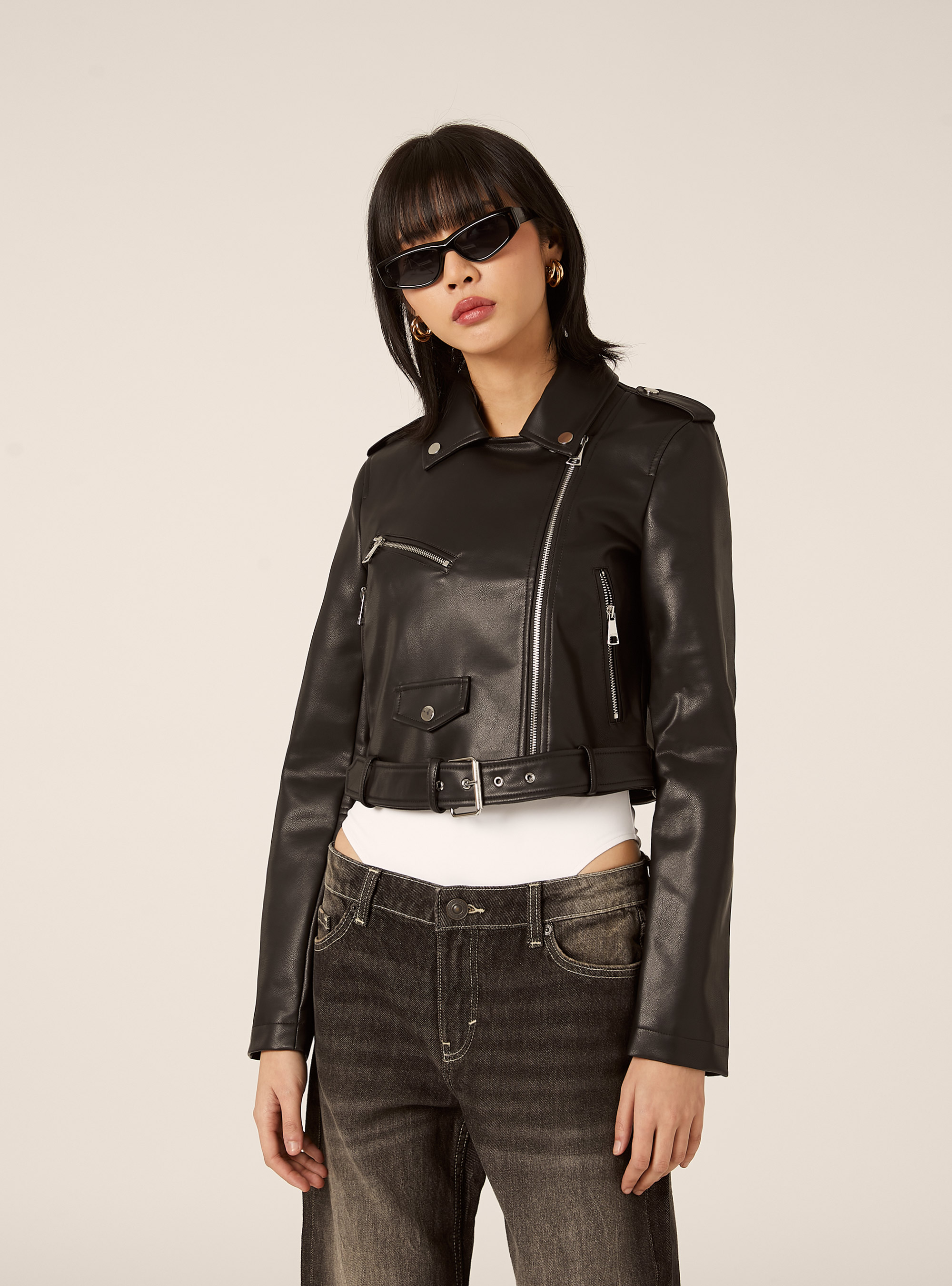 Giubbotto biker effetto pelle, BK1 BLACK