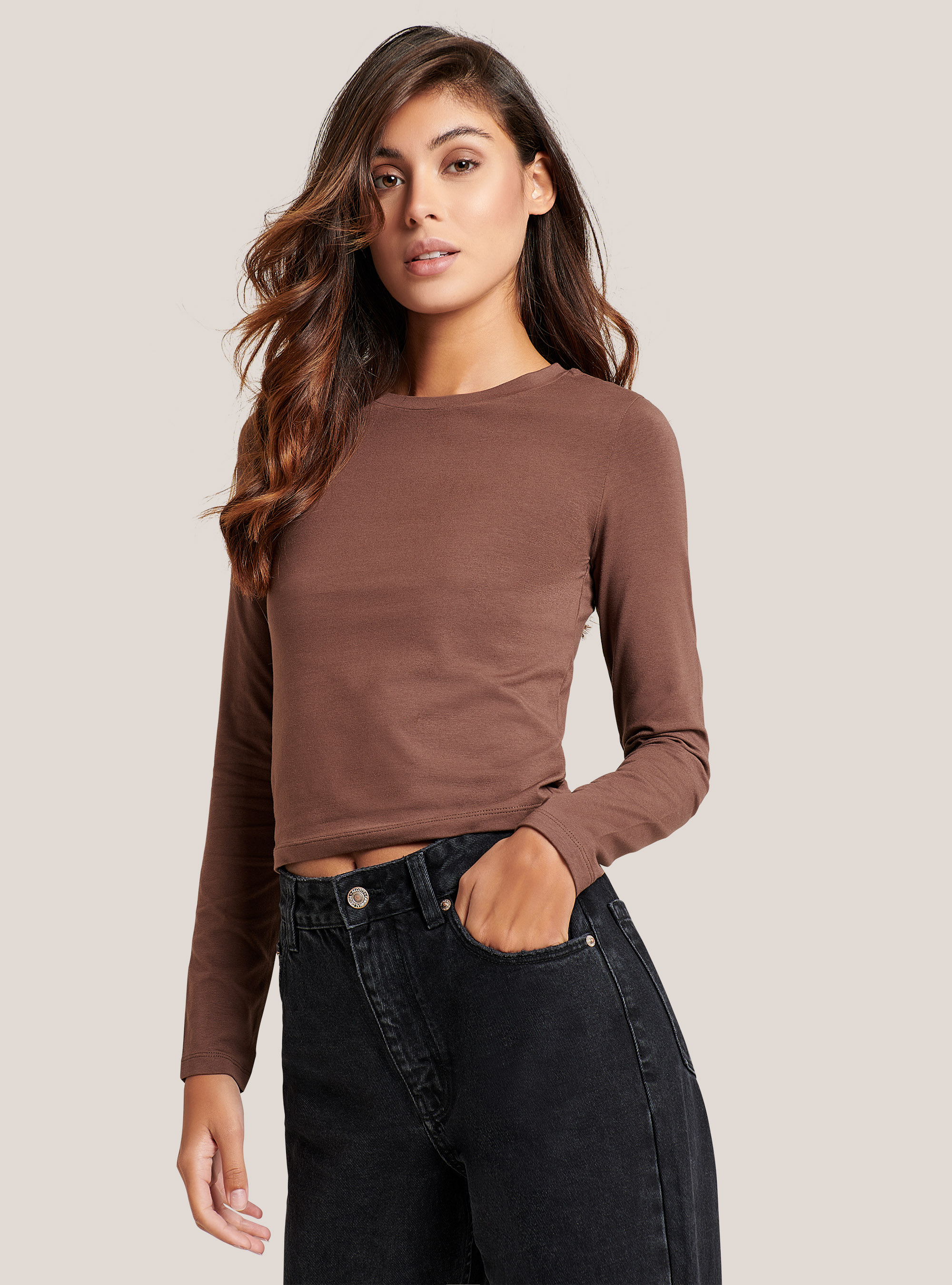 Basic long-sleeved T-shirt, C5612 BROWN