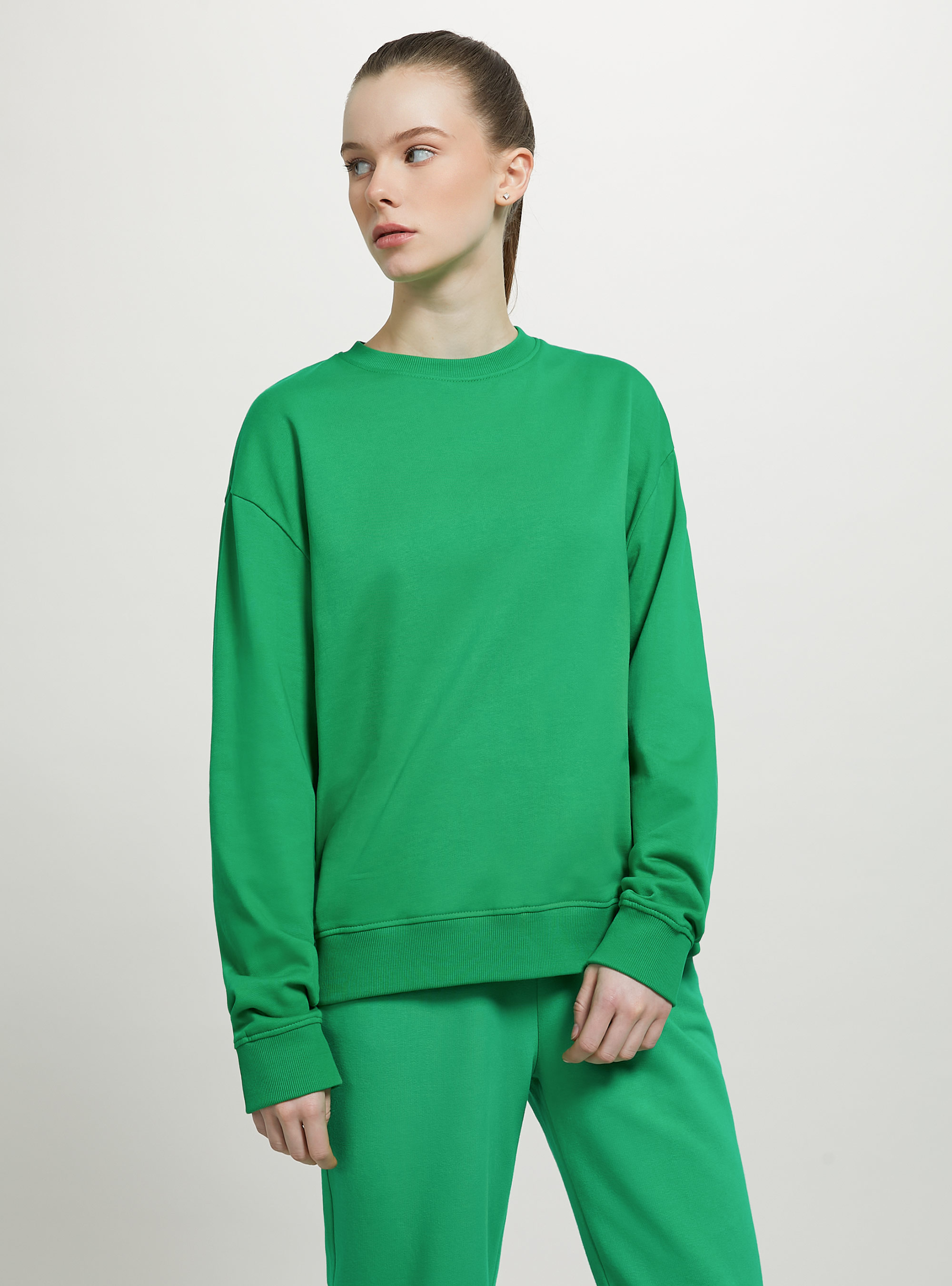 Sudadera lisa de algodón con cuello redondo, GN2 GREEN MEDIUM