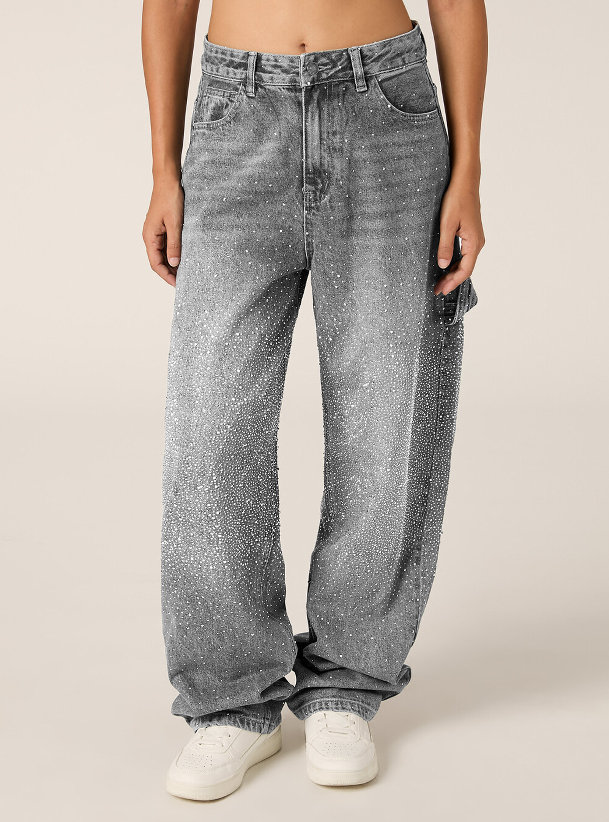 Baggy carpenter jeans with rhinestones, D00G GREY