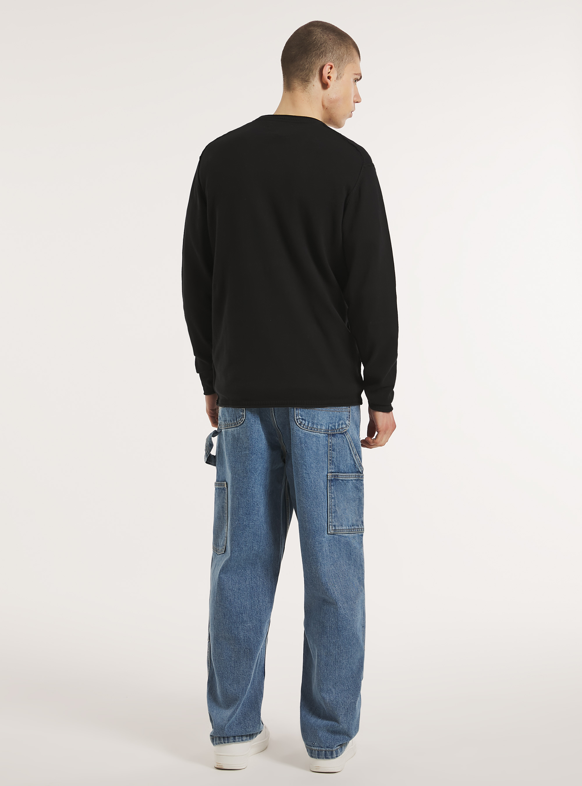 Round-neck cotton pullover, BK1 BLACK