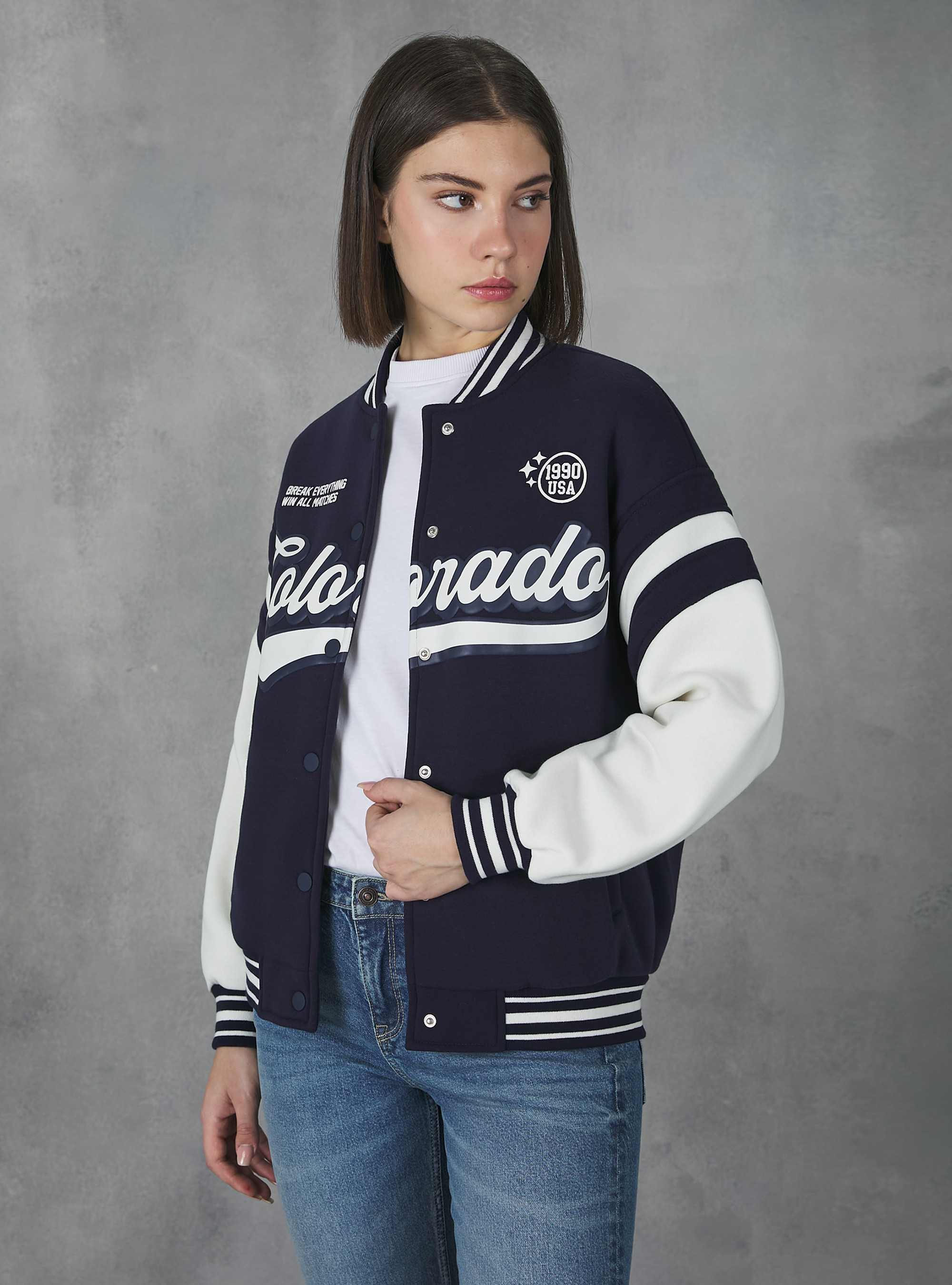 College Bomber Jacket with print, NA2 NAVY MEDIUM