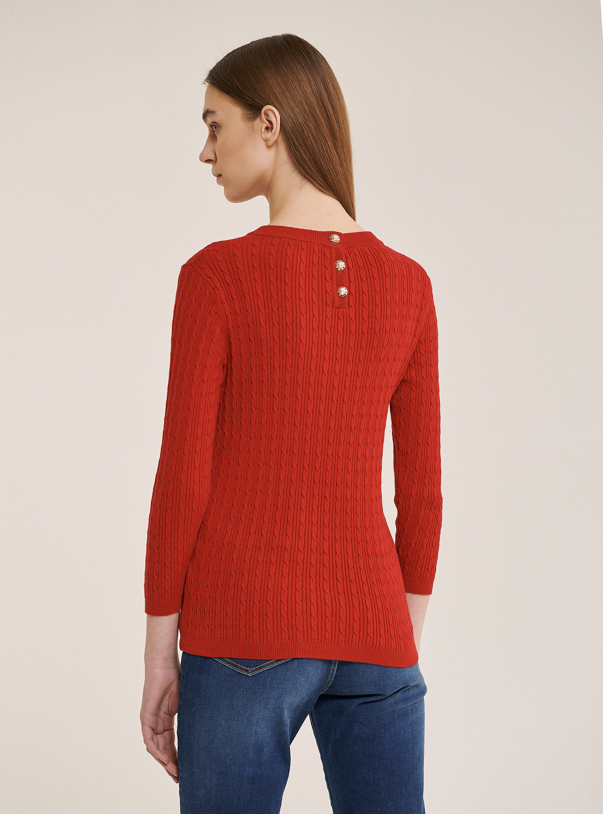 Jersey de cuello redondo con tejido de ochos, ROJO