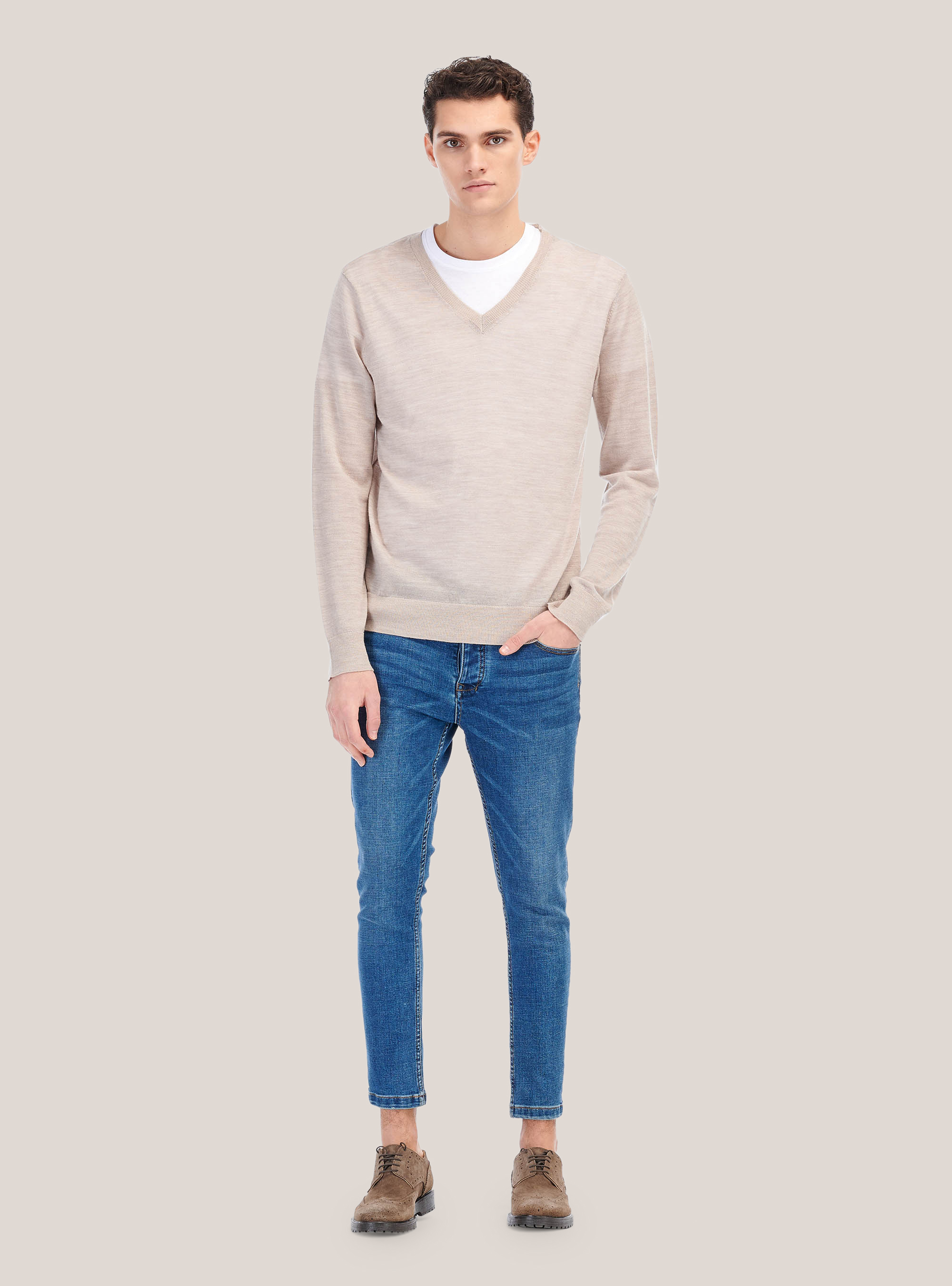 Merino wool v-neck pullover, BEIGE