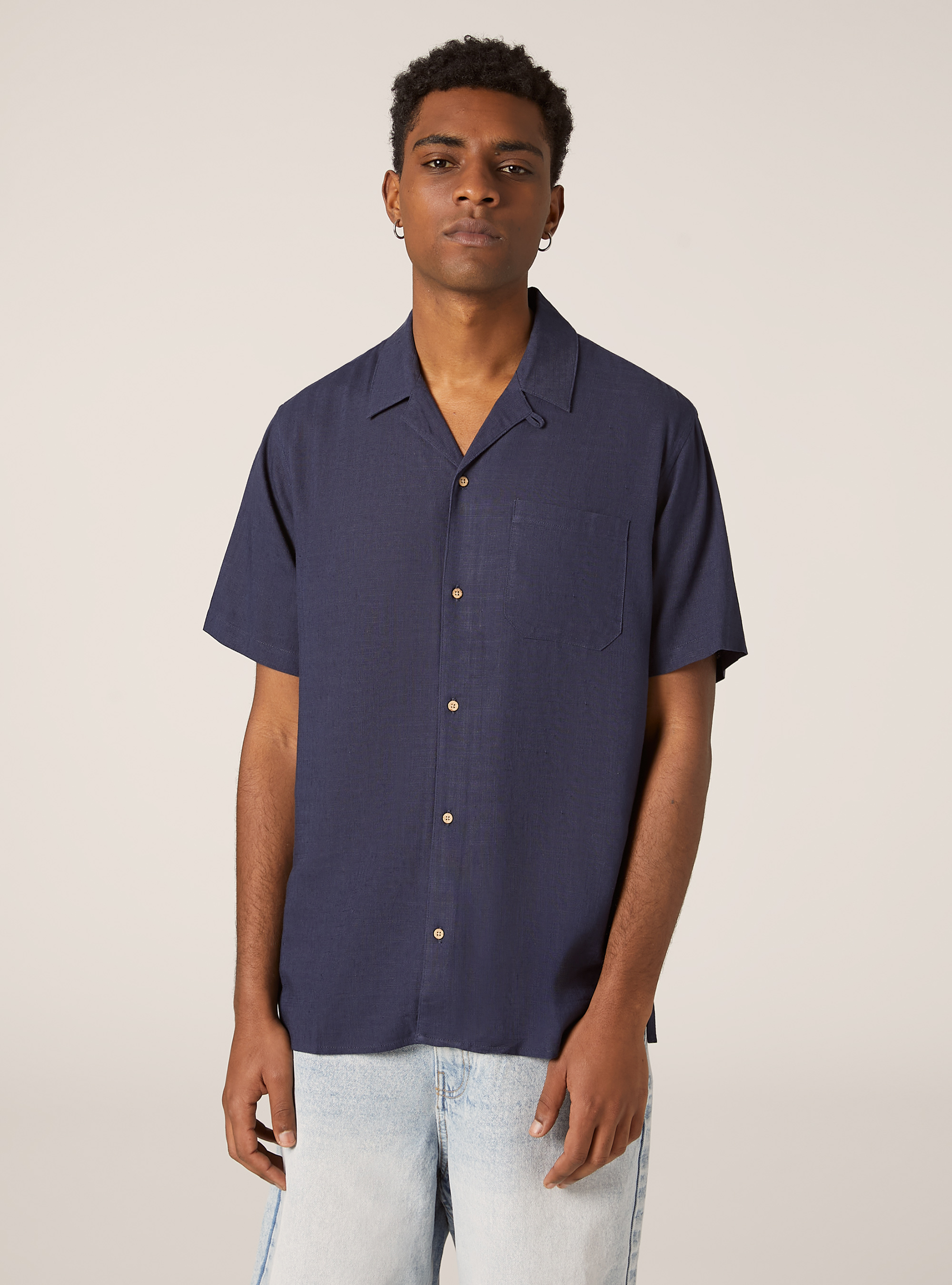 Chemise en lin mélangé avec col bowling, BL2 BLUE MEDIUM